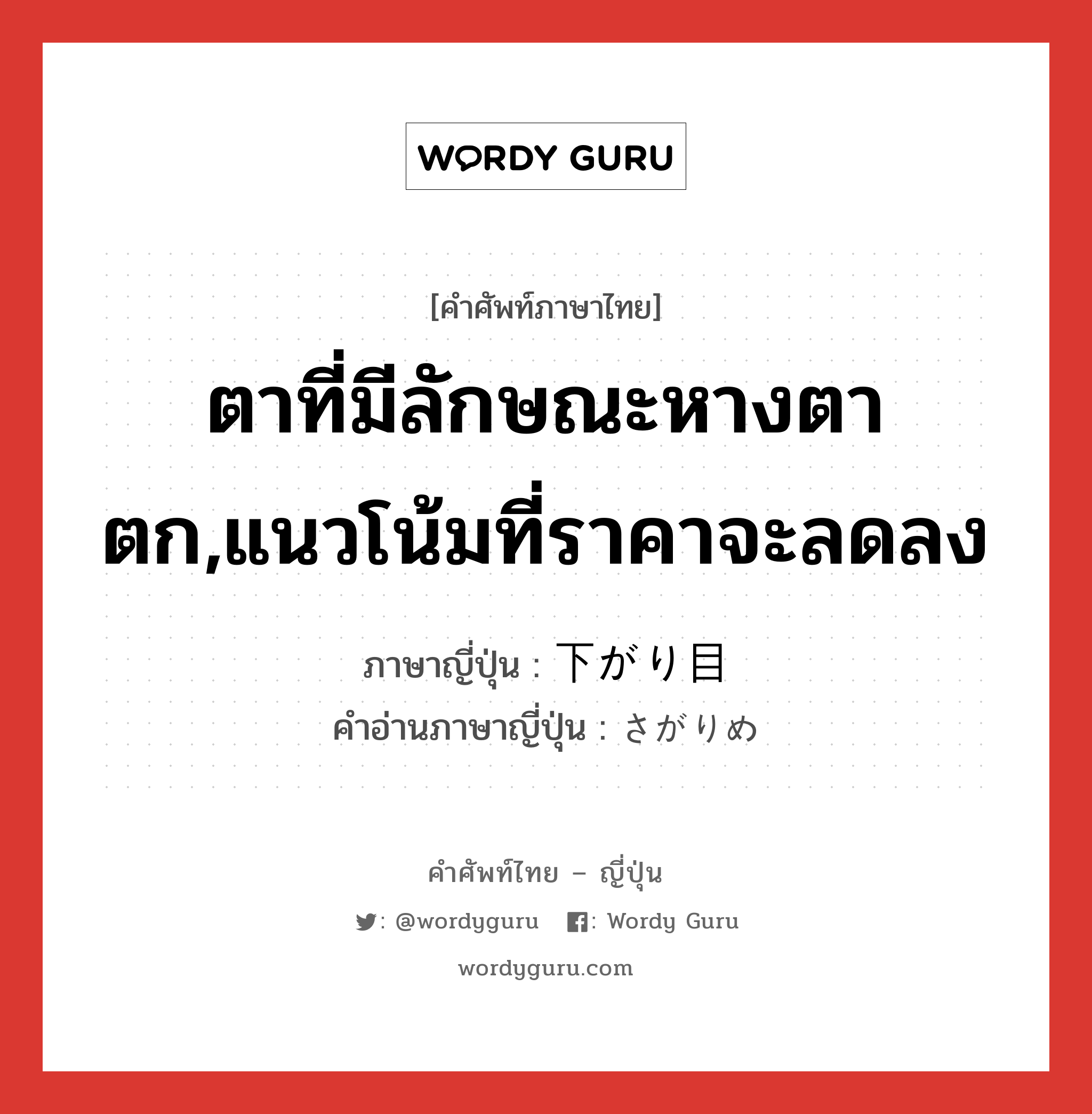 ตาที่มีลักษณะหางตาตก,แนวโน้มที่ราคาจะลดลง ภาษาญี่ปุ่นคืออะไร, คำศัพท์ภาษาไทย - ญี่ปุ่น ตาที่มีลักษณะหางตาตก,แนวโน้มที่ราคาจะลดลง ภาษาญี่ปุ่น 下がり目 คำอ่านภาษาญี่ปุ่น さがりめ หมวด n หมวด n