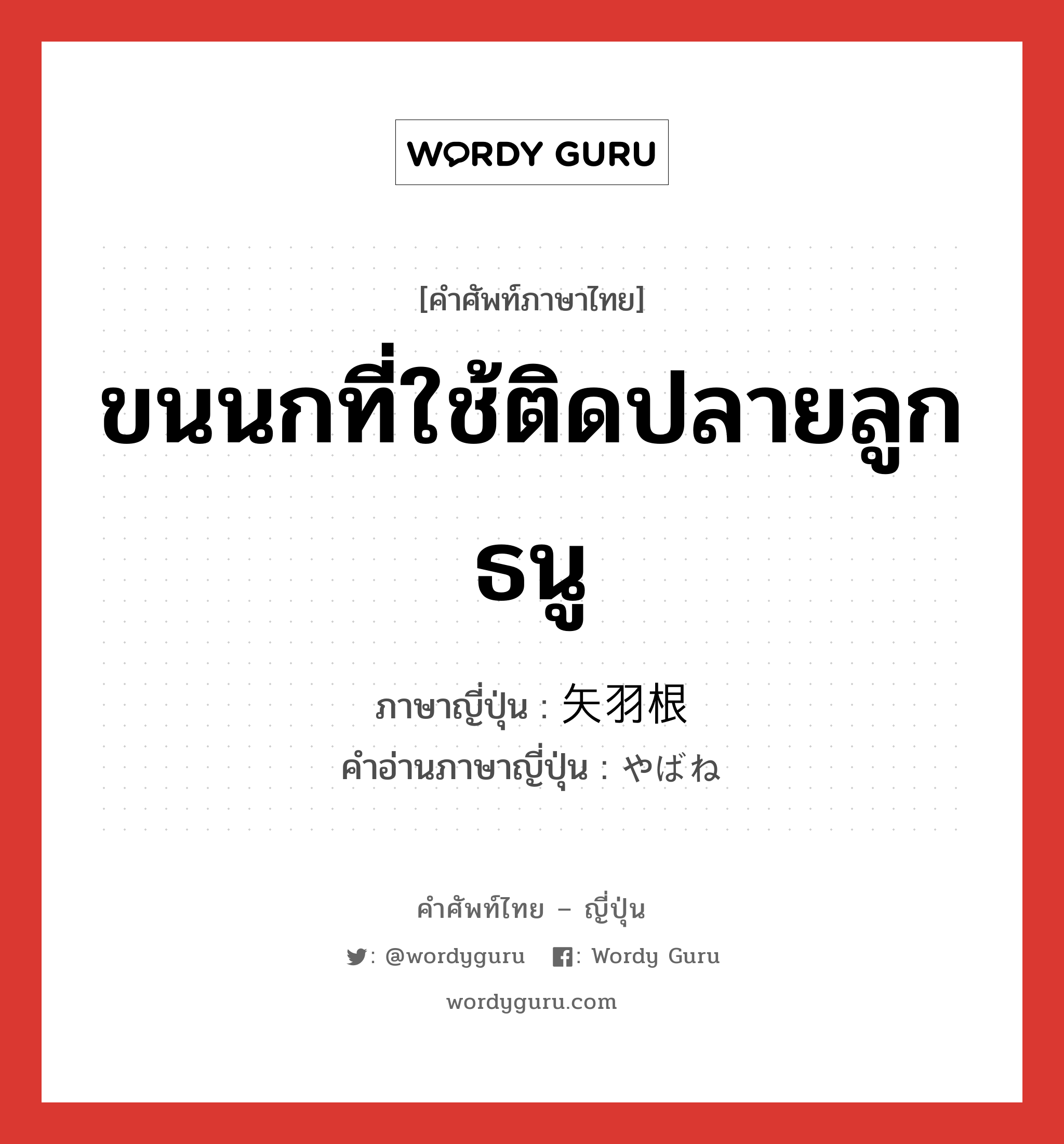 ขนนกที่ใช้ติดปลายลูกธนู ภาษาญี่ปุ่นคืออะไร, คำศัพท์ภาษาไทย - ญี่ปุ่น ขนนกที่ใช้ติดปลายลูกธนู ภาษาญี่ปุ่น 矢羽根 คำอ่านภาษาญี่ปุ่น やばね หมวด n หมวด n