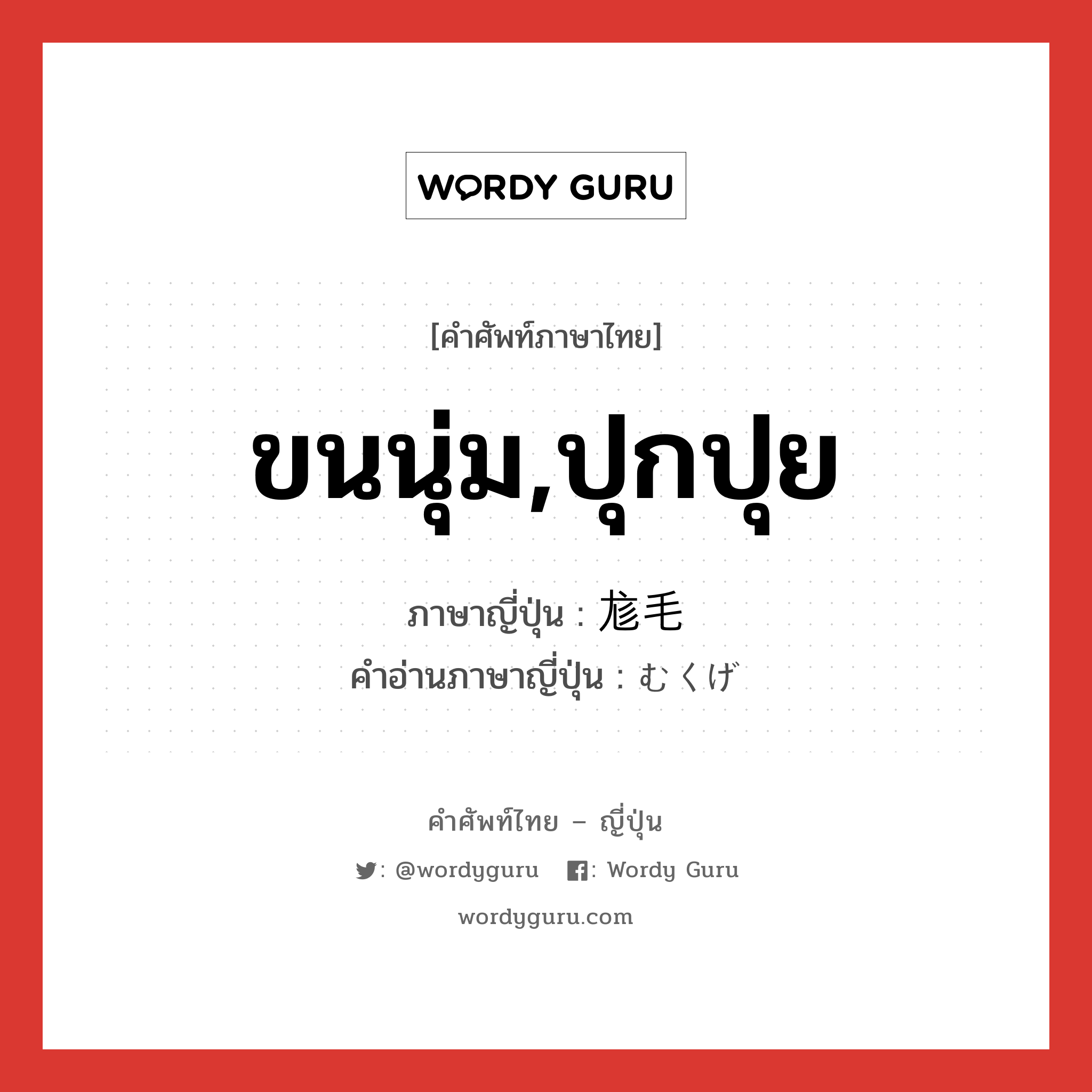 ขนนุ่ม,ปุกปุย ภาษาญี่ปุ่นคืออะไร, คำศัพท์ภาษาไทย - ญี่ปุ่น ขนนุ่ม,ปุกปุย ภาษาญี่ปุ่น 尨毛 คำอ่านภาษาญี่ปุ่น むくげ หมวด n หมวด n