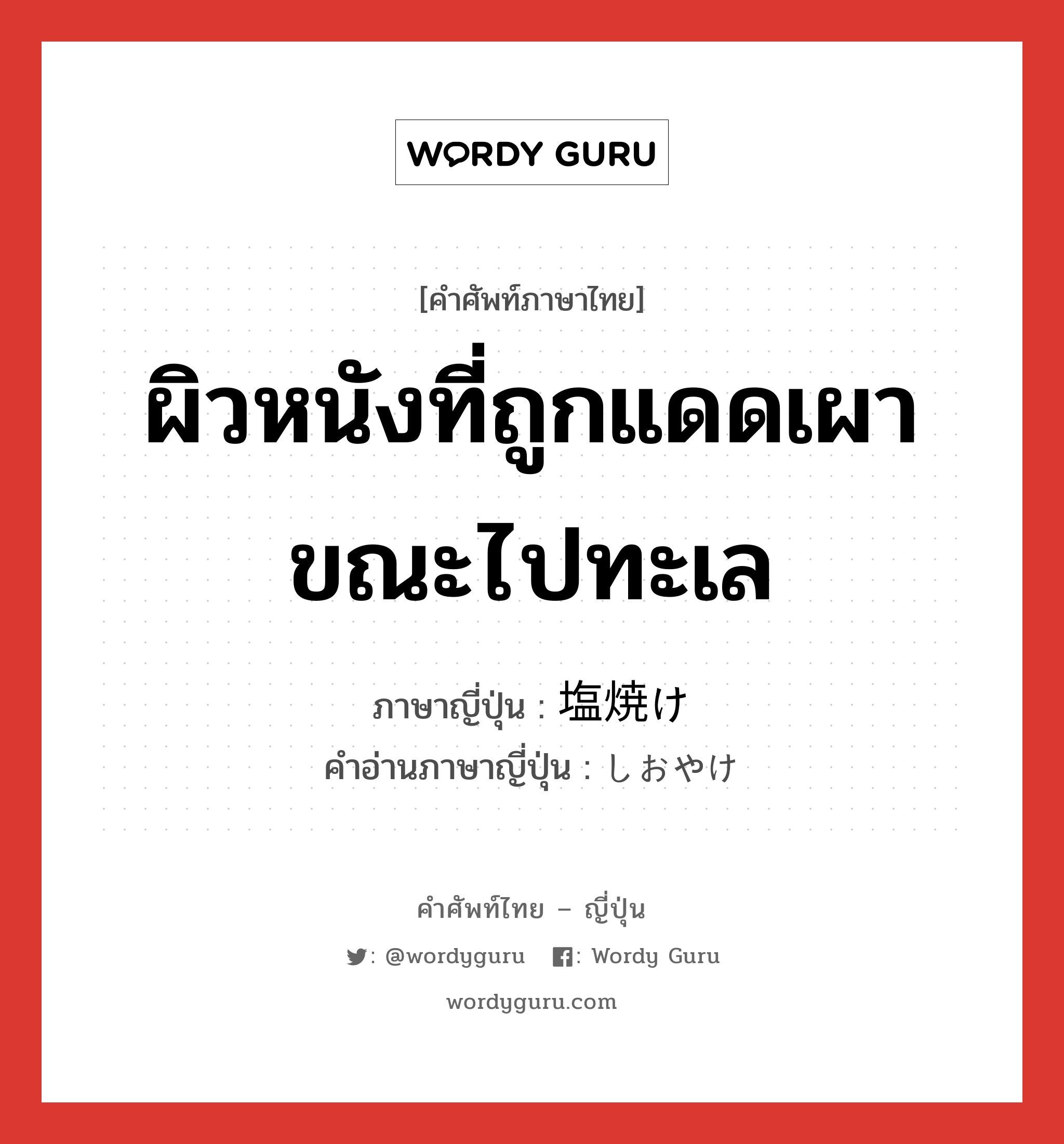 ผิวหนังที่ถูกแดดเผาขณะไปทะเล ภาษาญี่ปุ่นคืออะไร, คำศัพท์ภาษาไทย - ญี่ปุ่น ผิวหนังที่ถูกแดดเผาขณะไปทะเล ภาษาญี่ปุ่น 塩焼け คำอ่านภาษาญี่ปุ่น しおやけ หมวด n หมวด n