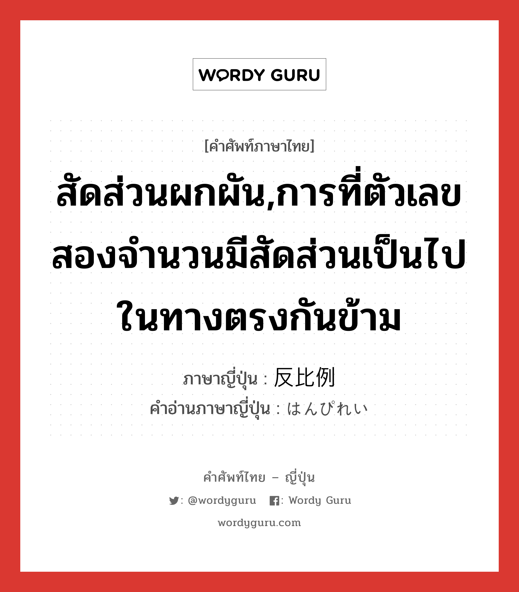 สัดส่วนผกผัน,การที่ตัวเลขสองจำนวนมีสัดส่วนเป็นไปในทางตรงกันข้าม ภาษาญี่ปุ่นคืออะไร, คำศัพท์ภาษาไทย - ญี่ปุ่น สัดส่วนผกผัน,การที่ตัวเลขสองจำนวนมีสัดส่วนเป็นไปในทางตรงกันข้าม ภาษาญี่ปุ่น 反比例 คำอ่านภาษาญี่ปุ่น はんぴれい หมวด n หมวด n