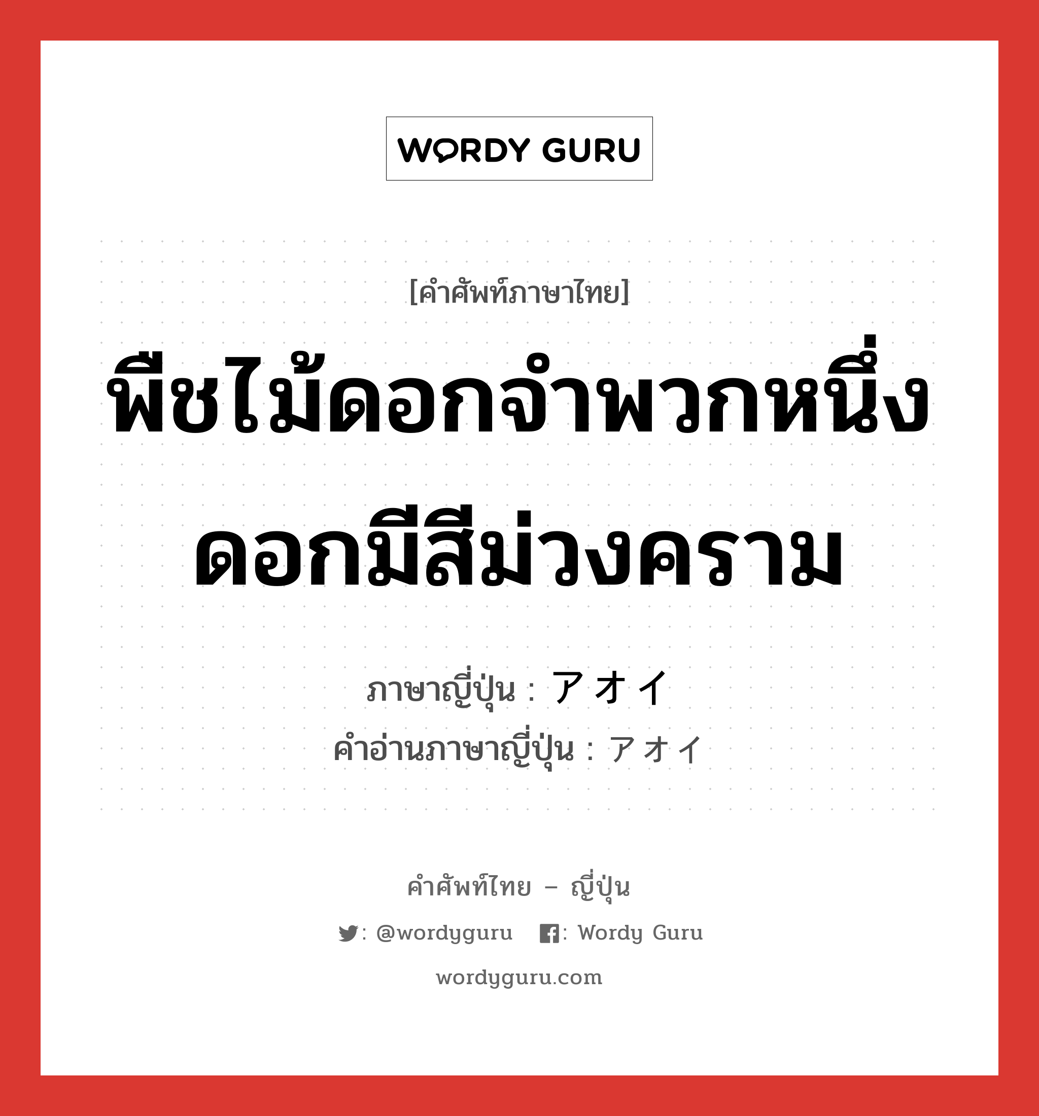 พืชไม้ดอกจำพวกหนึ่ง ดอกมีสีม่วงคราม ภาษาญี่ปุ่นคืออะไร, คำศัพท์ภาษาไทย - ญี่ปุ่น พืชไม้ดอกจำพวกหนึ่ง ดอกมีสีม่วงคราม ภาษาญี่ปุ่น アオイ คำอ่านภาษาญี่ปุ่น アオイ หมวด n หมวด n