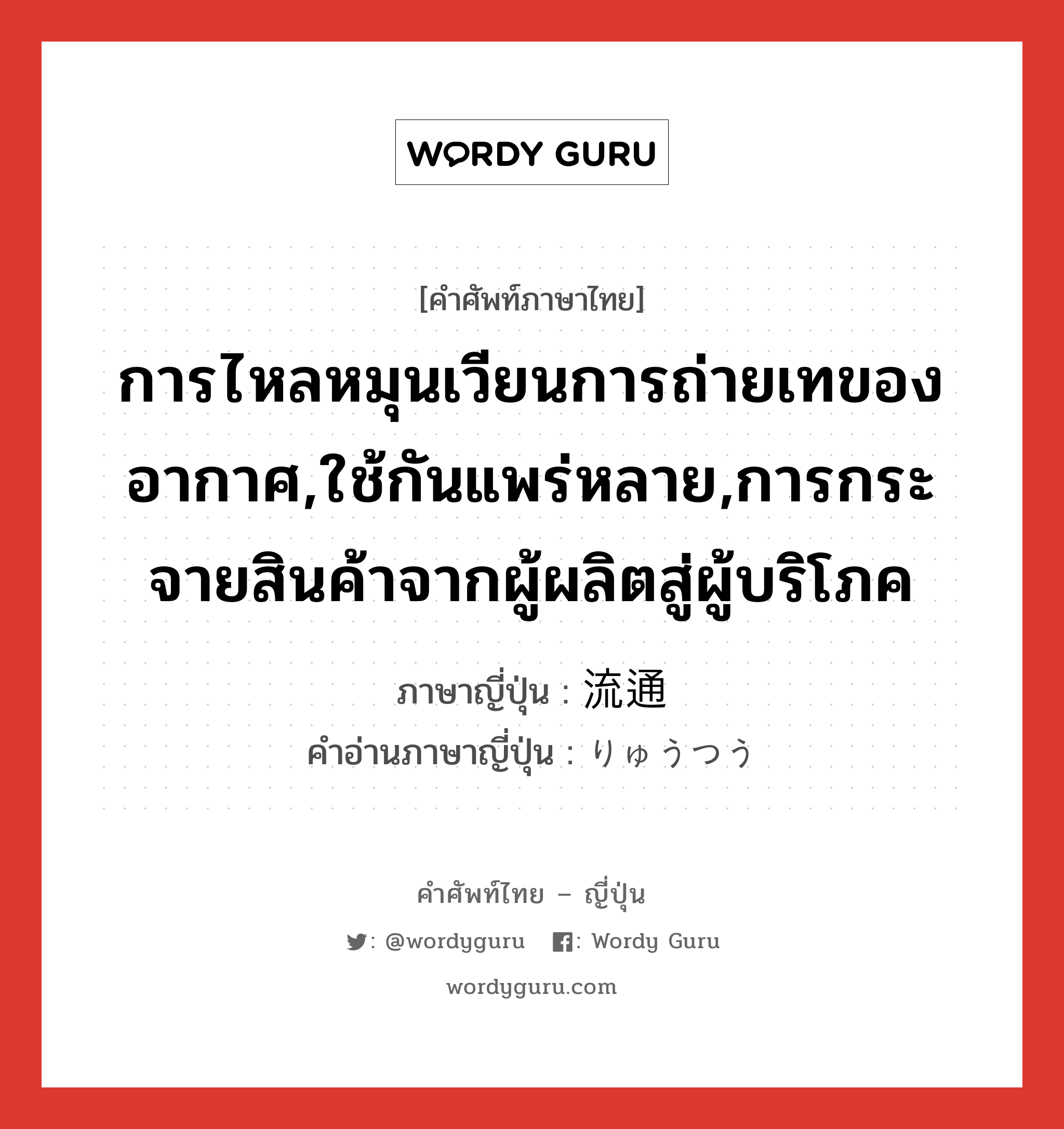 การไหลหมุนเวียนการถ่ายเทของอากาศ,ใช้กันแพร่หลาย,การกระจายสินค้าจากผู้ผลิตสู่ผู้บริโภค ภาษาญี่ปุ่นคืออะไร, คำศัพท์ภาษาไทย - ญี่ปุ่น การไหลหมุนเวียนการถ่ายเทของอากาศ,ใช้กันแพร่หลาย,การกระจายสินค้าจากผู้ผลิตสู่ผู้บริโภค ภาษาญี่ปุ่น 流通 คำอ่านภาษาญี่ปุ่น りゅうつう หมวด n หมวด n