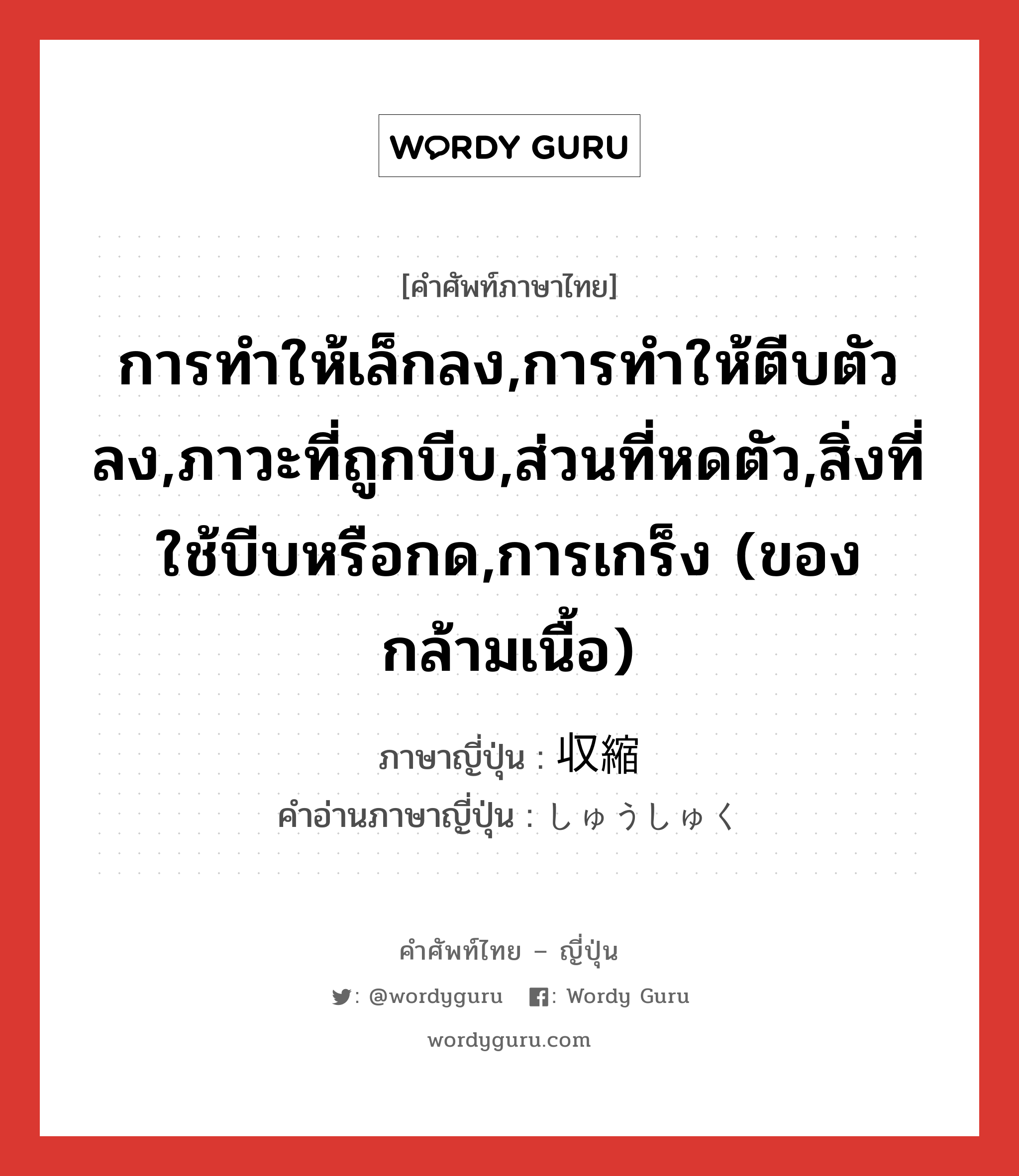 การทำให้เล็กลง,การทำให้ตีบตัวลง,ภาวะที่ถูกบีบ,ส่วนที่หดตัว,สิ่งที่ใช้บีบหรือกด,การเกร็ง (ของกล้ามเนื้อ) ภาษาญี่ปุ่นคืออะไร, คำศัพท์ภาษาไทย - ญี่ปุ่น การทำให้เล็กลง,การทำให้ตีบตัวลง,ภาวะที่ถูกบีบ,ส่วนที่หดตัว,สิ่งที่ใช้บีบหรือกด,การเกร็ง (ของกล้ามเนื้อ) ภาษาญี่ปุ่น 収縮 คำอ่านภาษาญี่ปุ่น しゅうしゅく หมวด n หมวด n