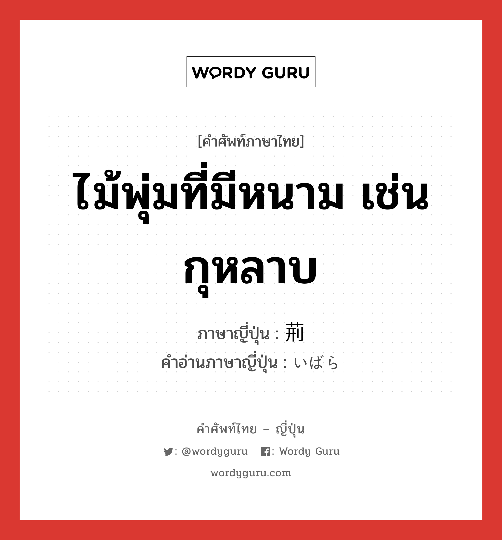 ไม้พุ่มที่มีหนาม เช่น กุหลาบ ภาษาญี่ปุ่นคืออะไร, คำศัพท์ภาษาไทย - ญี่ปุ่น ไม้พุ่มที่มีหนาม เช่น กุหลาบ ภาษาญี่ปุ่น 荊 คำอ่านภาษาญี่ปุ่น いばら หมวด n หมวด n