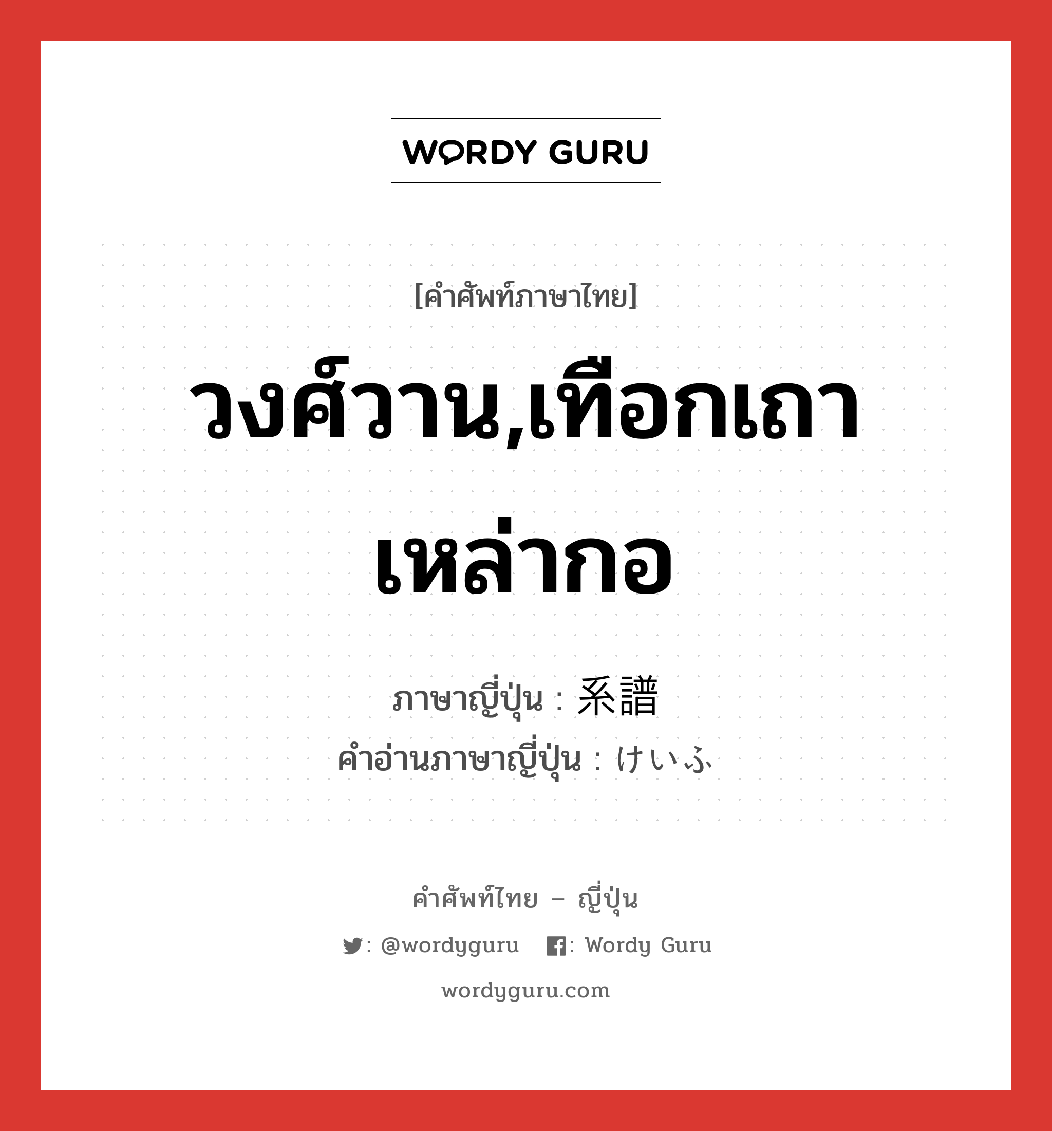 วงศ์วาน,เทือกเถาเหล่ากอ ภาษาญี่ปุ่นคืออะไร, คำศัพท์ภาษาไทย - ญี่ปุ่น วงศ์วาน,เทือกเถาเหล่ากอ ภาษาญี่ปุ่น 系譜 คำอ่านภาษาญี่ปุ่น けいふ หมวด n หมวด n