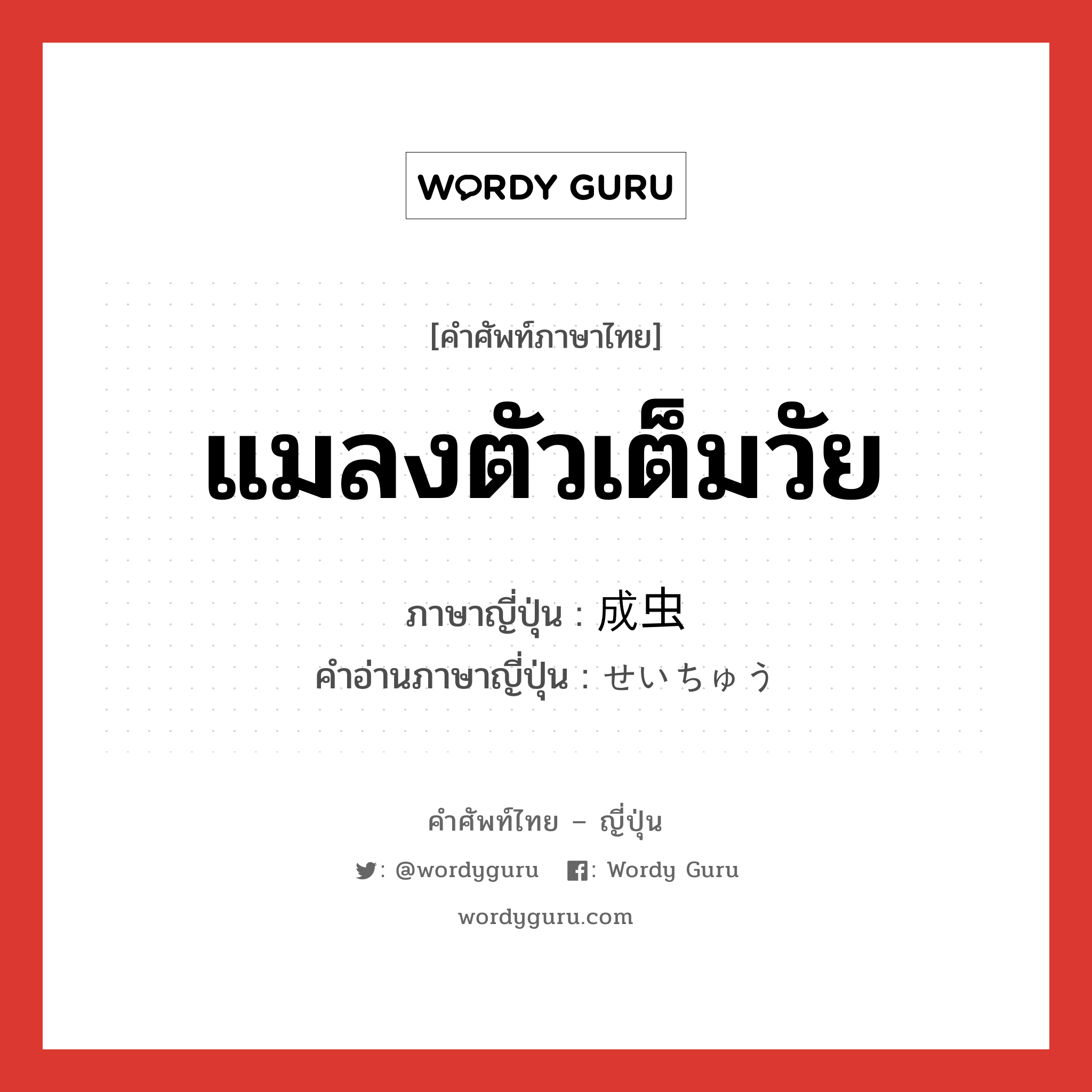 แมลงตัวเต็มวัย ภาษาญี่ปุ่นคืออะไร, คำศัพท์ภาษาไทย - ญี่ปุ่น แมลงตัวเต็มวัย ภาษาญี่ปุ่น 成虫 คำอ่านภาษาญี่ปุ่น せいちゅう หมวด n หมวด n