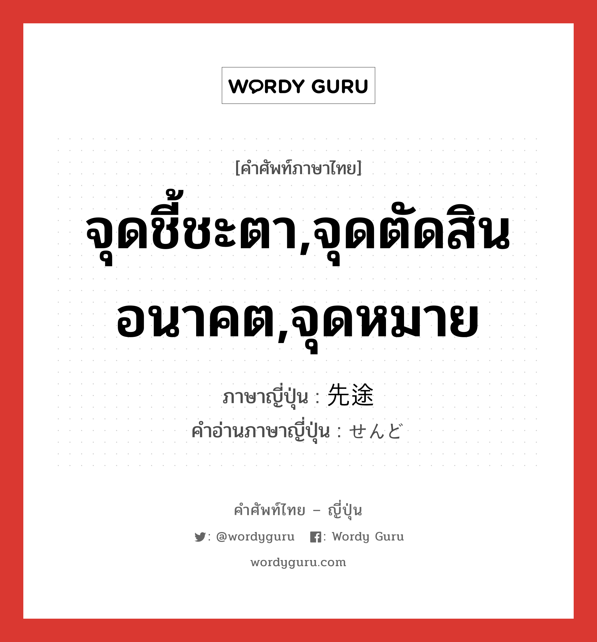 จุดชี้ชะตา,จุดตัดสินอนาคต,จุดหมาย ภาษาญี่ปุ่นคืออะไร, คำศัพท์ภาษาไทย - ญี่ปุ่น จุดชี้ชะตา,จุดตัดสินอนาคต,จุดหมาย ภาษาญี่ปุ่น 先途 คำอ่านภาษาญี่ปุ่น せんど หมวด n หมวด n