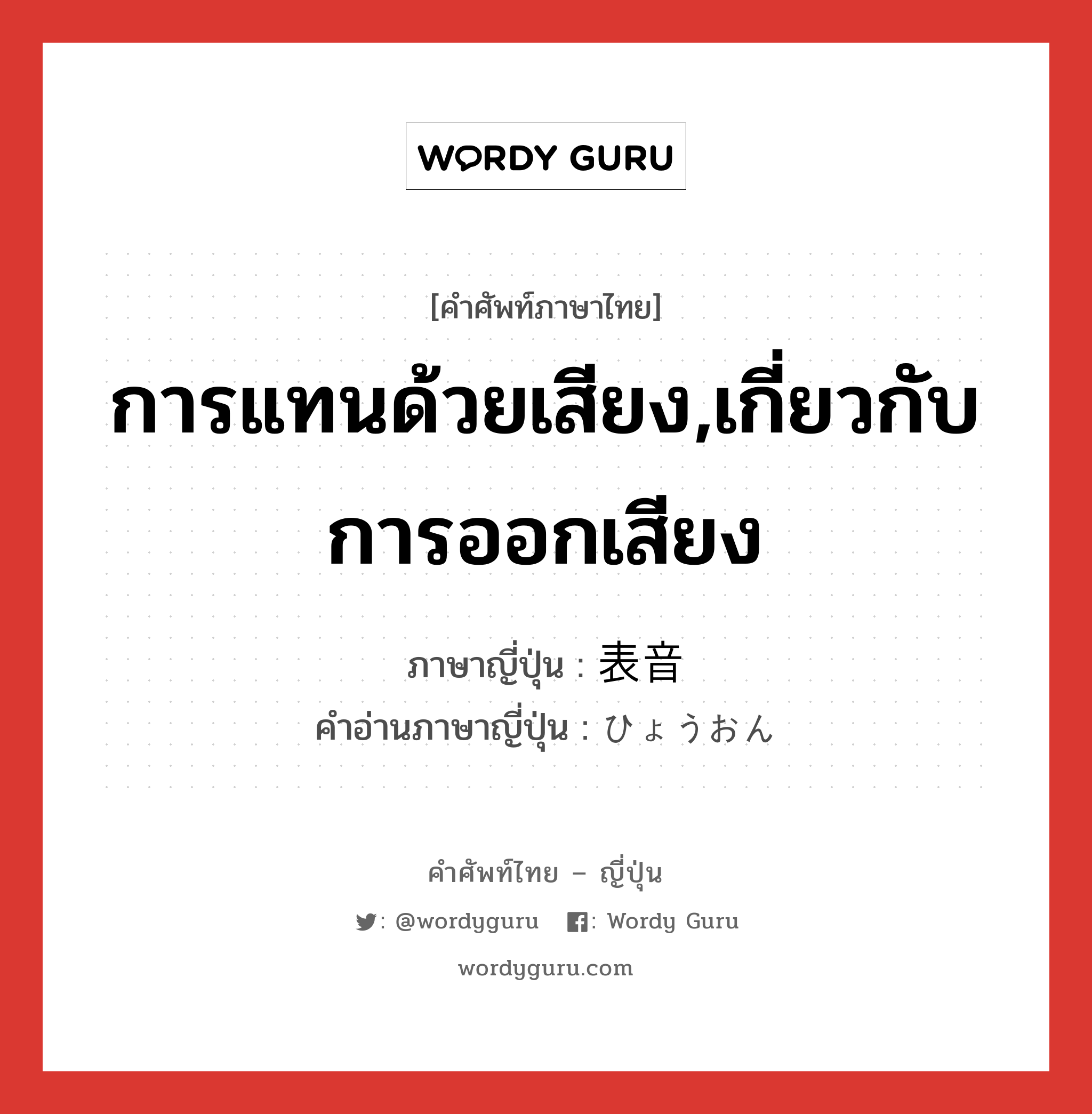 การแทนด้วยเสียง,เกี่ยวกับการออกเสียง ภาษาญี่ปุ่นคืออะไร, คำศัพท์ภาษาไทย - ญี่ปุ่น การแทนด้วยเสียง,เกี่ยวกับการออกเสียง ภาษาญี่ปุ่น 表音 คำอ่านภาษาญี่ปุ่น ひょうおん หมวด n หมวด n