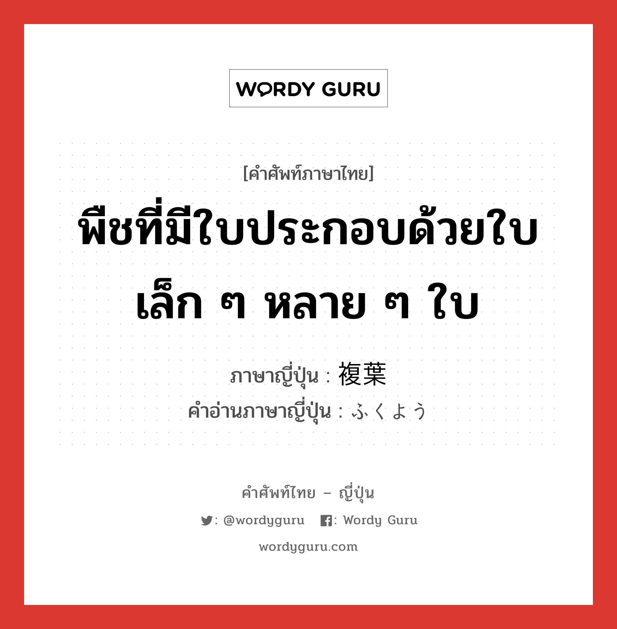 พืชที่มีใบประกอบด้วยใบเล็ก ๆ หลาย ๆ ใบ ภาษาญี่ปุ่นคืออะไร, คำศัพท์ภาษาไทย - ญี่ปุ่น พืชที่มีใบประกอบด้วยใบเล็ก ๆ หลาย ๆ ใบ ภาษาญี่ปุ่น 複葉 คำอ่านภาษาญี่ปุ่น ふくよう หมวด n หมวด n