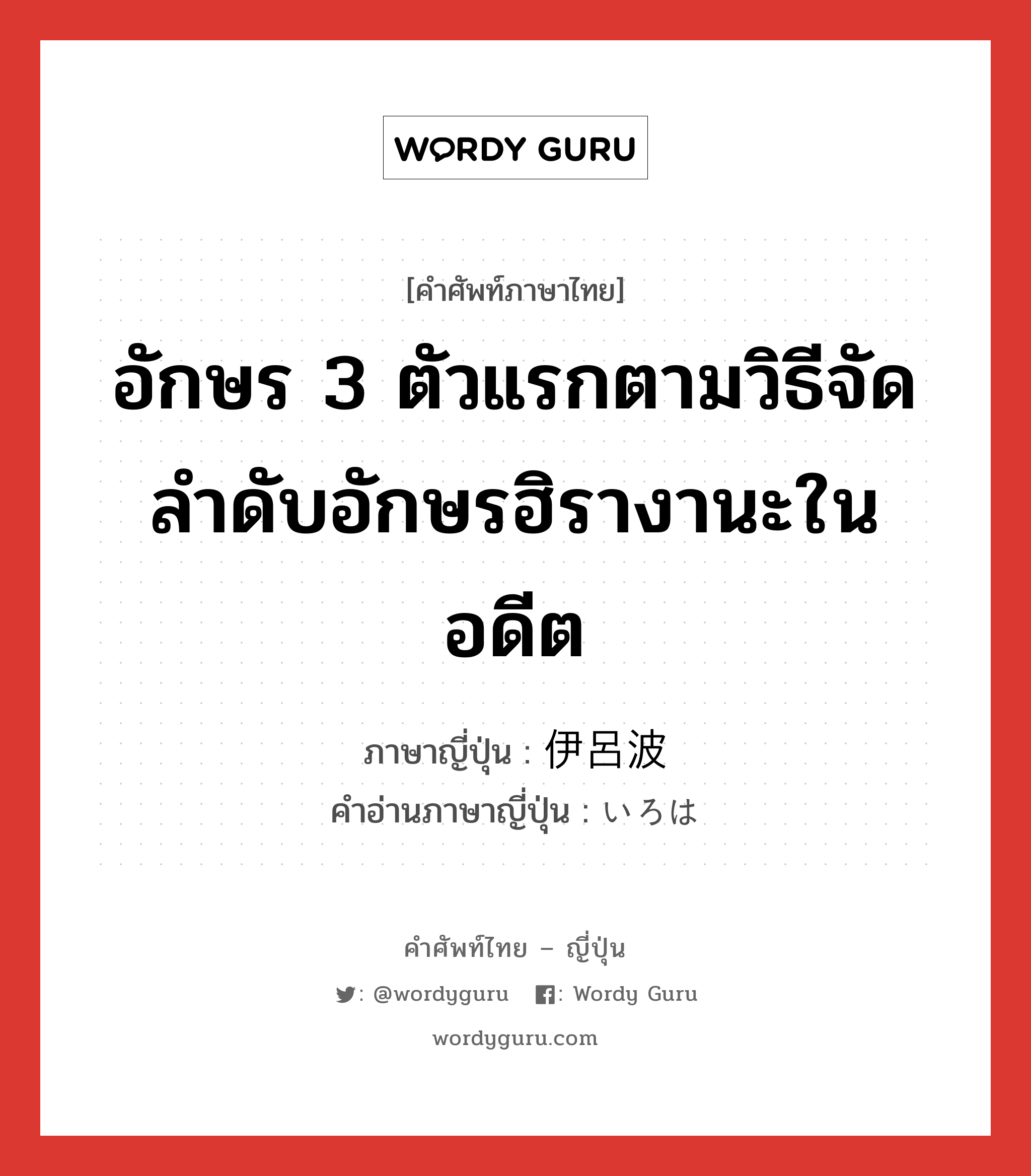 อักษร 3 ตัวแรกตามวิธีจัดลำดับอักษรฮิรางานะในอดีต ภาษาญี่ปุ่นคืออะไร, คำศัพท์ภาษาไทย - ญี่ปุ่น อักษร 3 ตัวแรกตามวิธีจัดลำดับอักษรฮิรางานะในอดีต ภาษาญี่ปุ่น 伊呂波 คำอ่านภาษาญี่ปุ่น いろは หมวด n หมวด n