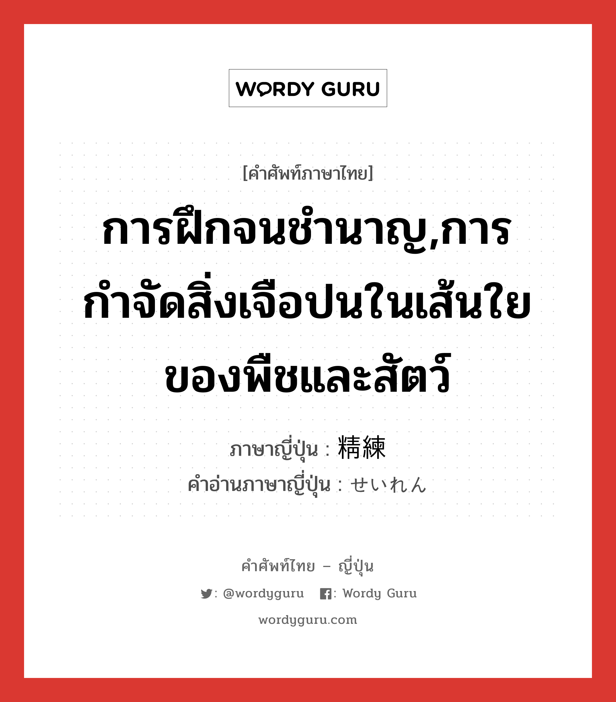 การฝึกจนชำนาญ,การกำจัดสิ่งเจือปนในเส้นใยของพืชและสัตว์ ภาษาญี่ปุ่นคืออะไร, คำศัพท์ภาษาไทย - ญี่ปุ่น การฝึกจนชำนาญ,การกำจัดสิ่งเจือปนในเส้นใยของพืชและสัตว์ ภาษาญี่ปุ่น 精練 คำอ่านภาษาญี่ปุ่น せいれん หมวด n หมวด n