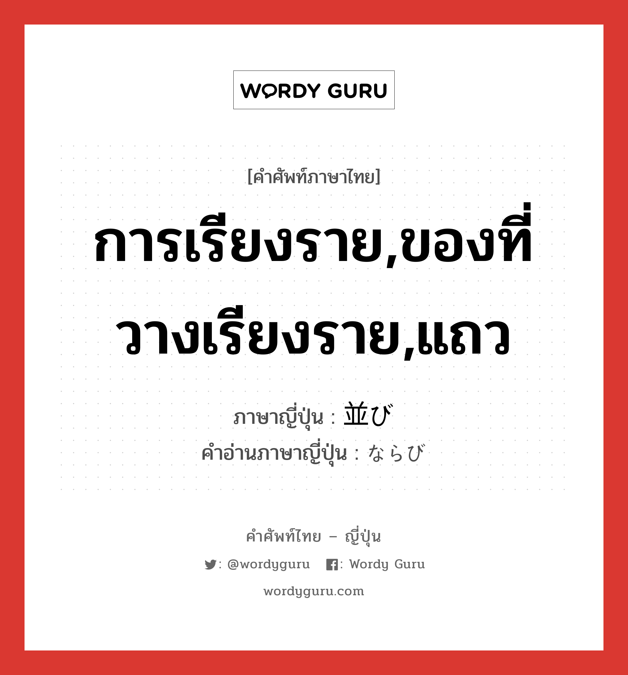 การเรียงราย,ของที่วางเรียงราย,แถว ภาษาญี่ปุ่นคืออะไร, คำศัพท์ภาษาไทย - ญี่ปุ่น การเรียงราย,ของที่วางเรียงราย,แถว ภาษาญี่ปุ่น 並び คำอ่านภาษาญี่ปุ่น ならび หมวด n หมวด n