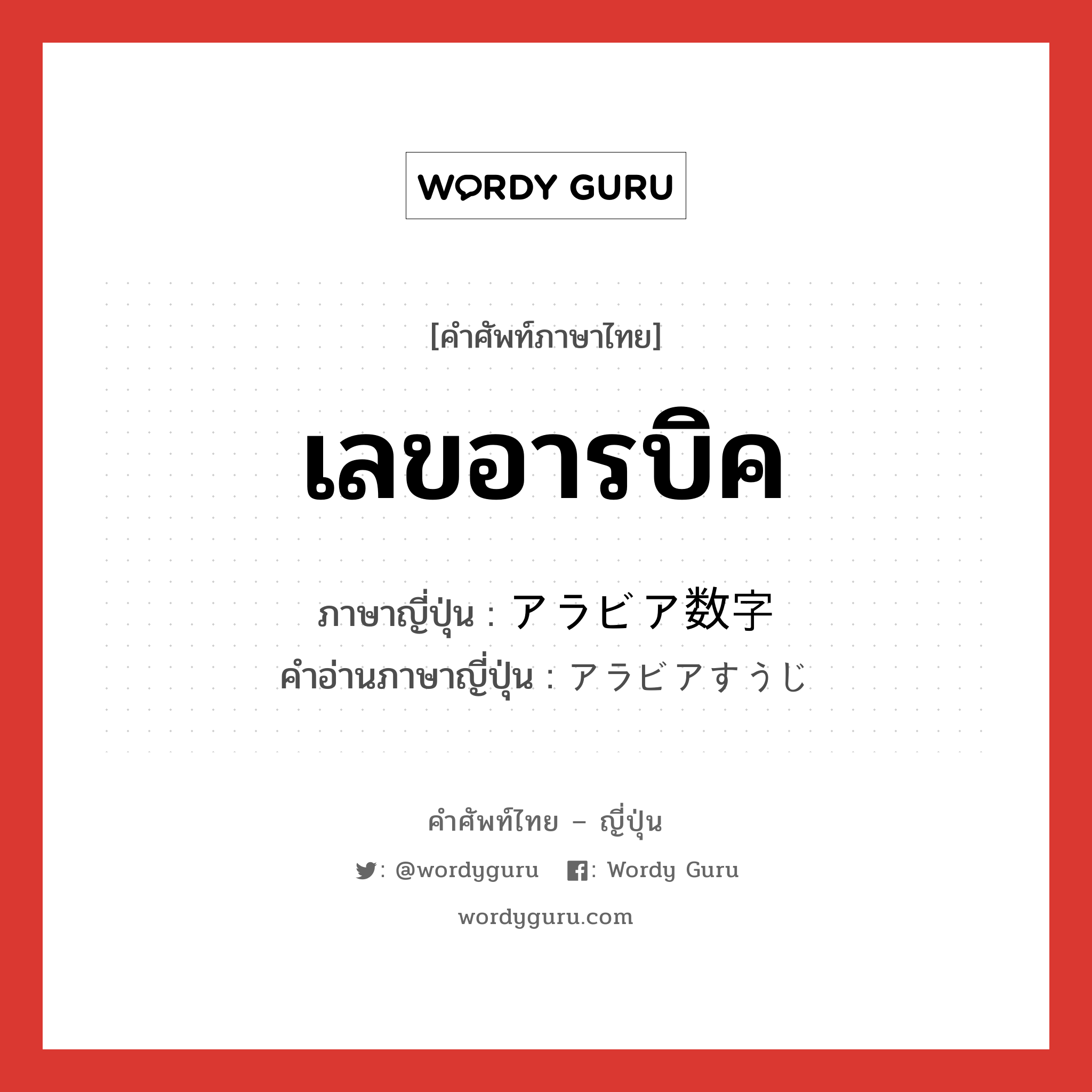 เลขอารบิค ภาษาญี่ปุ่นคืออะไร, คำศัพท์ภาษาไทย - ญี่ปุ่น เลขอารบิค ภาษาญี่ปุ่น アラビア数字 คำอ่านภาษาญี่ปุ่น アラビアすうじ หมวด n หมวด n