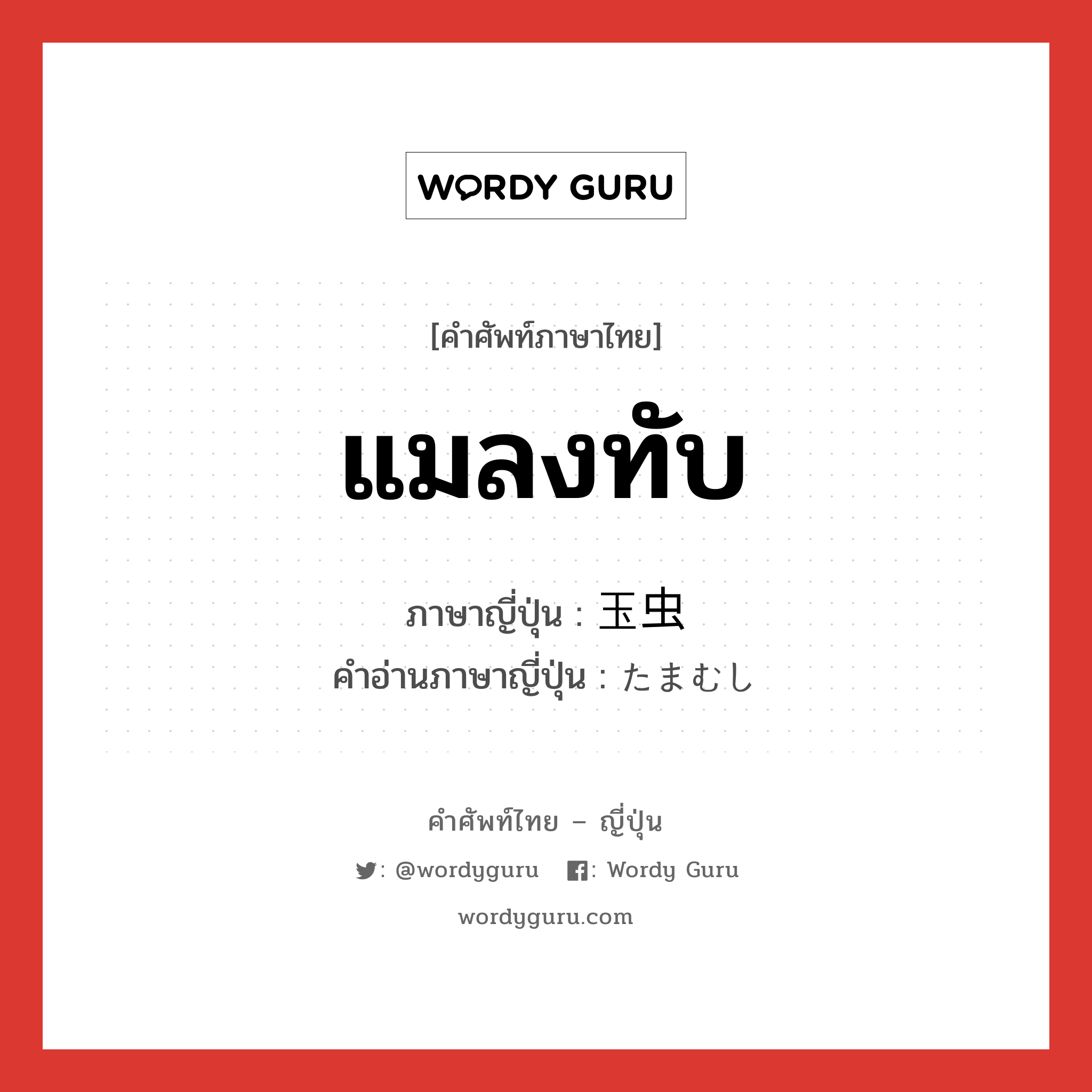 แมลงทับ ภาษาญี่ปุ่นคืออะไร, คำศัพท์ภาษาไทย - ญี่ปุ่น แมลงทับ ภาษาญี่ปุ่น 玉虫 คำอ่านภาษาญี่ปุ่น たまむし หมวด n หมวด n