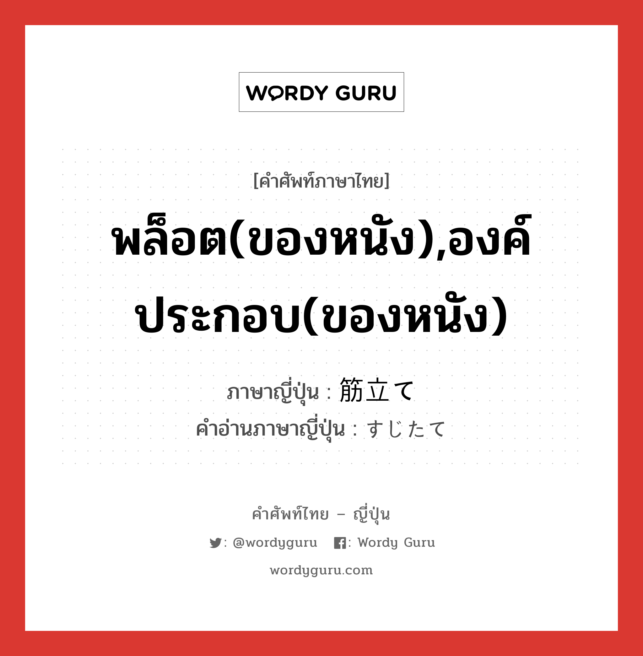 พล็อต(ของหนัง),องค์ประกอบ(ของหนัง) ภาษาญี่ปุ่นคืออะไร, คำศัพท์ภาษาไทย - ญี่ปุ่น พล็อต(ของหนัง),องค์ประกอบ(ของหนัง) ภาษาญี่ปุ่น 筋立て คำอ่านภาษาญี่ปุ่น すじたて หมวด exp หมวด exp