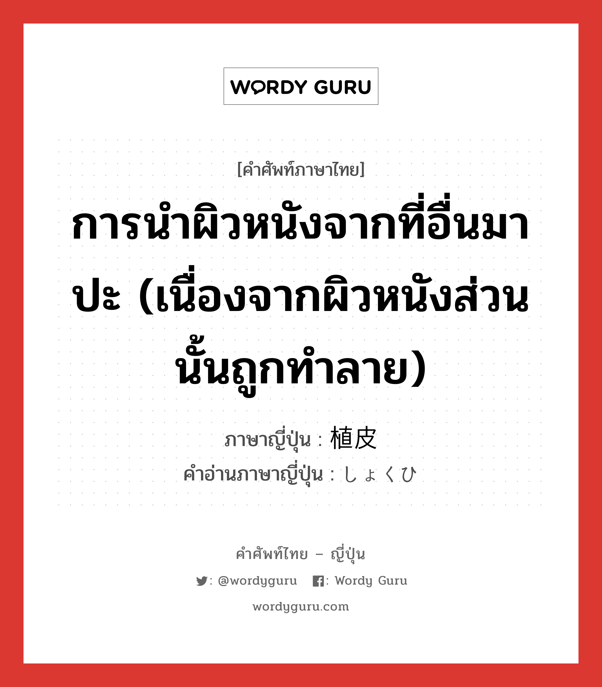 การนำผิวหนังจากที่อื่นมาปะ (เนื่องจากผิวหนังส่วนนั้นถูกทำลาย) ภาษาญี่ปุ่นคืออะไร, คำศัพท์ภาษาไทย - ญี่ปุ่น การนำผิวหนังจากที่อื่นมาปะ (เนื่องจากผิวหนังส่วนนั้นถูกทำลาย) ภาษาญี่ปุ่น 植皮 คำอ่านภาษาญี่ปุ่น しょくひ หมวด n หมวด n