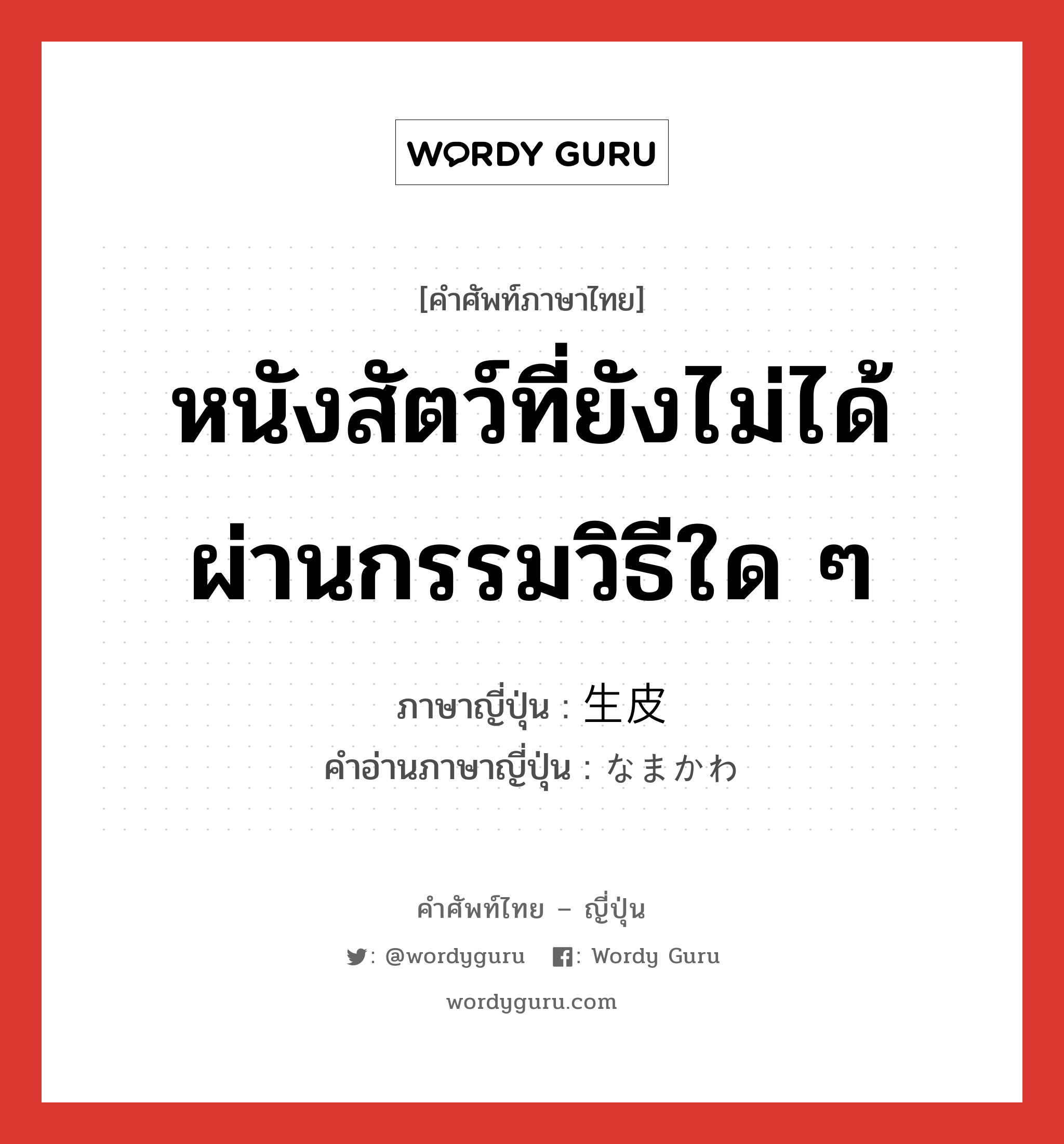 หนังสัตว์ที่ยังไม่ได้ผ่านกรรมวิธีใด ๆ ภาษาญี่ปุ่นคืออะไร, คำศัพท์ภาษาไทย - ญี่ปุ่น หนังสัตว์ที่ยังไม่ได้ผ่านกรรมวิธีใด ๆ ภาษาญี่ปุ่น 生皮 คำอ่านภาษาญี่ปุ่น なまかわ หมวด n หมวด n