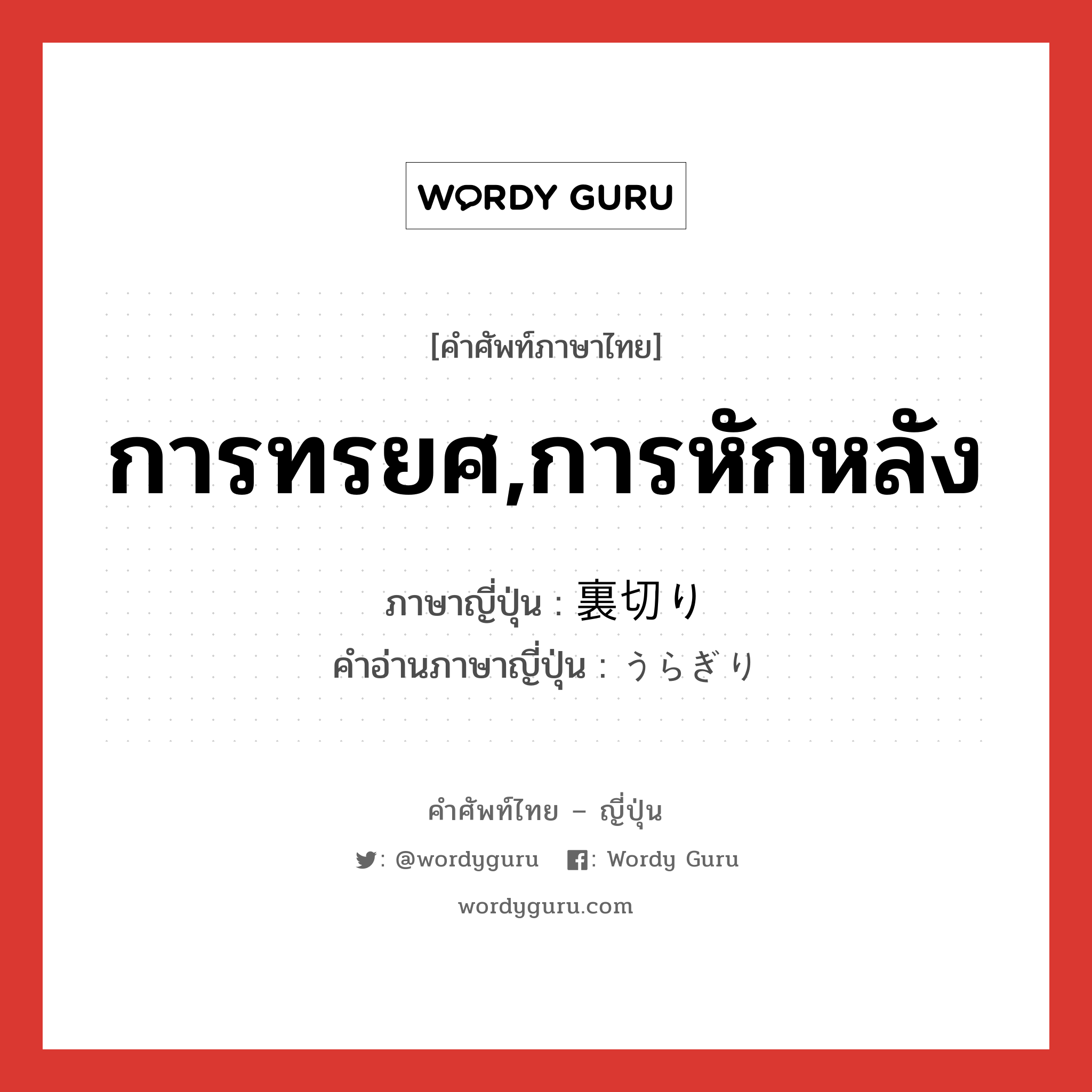 การทรยศ,การหักหลัง ภาษาญี่ปุ่นคืออะไร, คำศัพท์ภาษาไทย - ญี่ปุ่น การทรยศ,การหักหลัง ภาษาญี่ปุ่น 裏切り คำอ่านภาษาญี่ปุ่น うらぎり หมวด n หมวด n