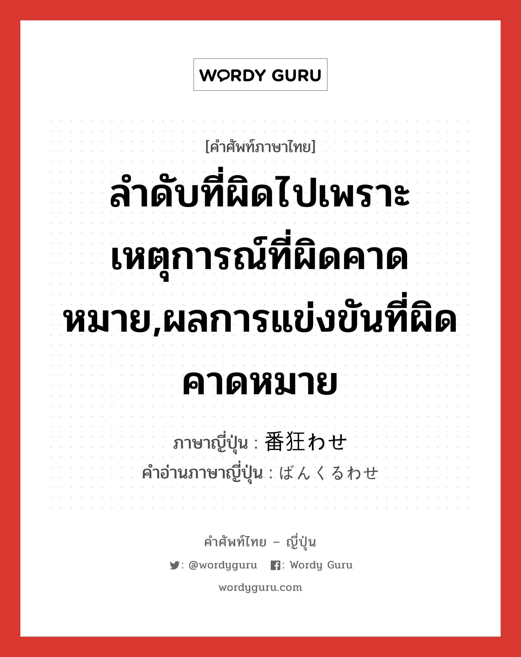 ลำดับที่ผิดไปเพราะเหตุการณ์ที่ผิดคาดหมาย,ผลการแข่งขันที่ผิดคาดหมาย ภาษาญี่ปุ่นคืออะไร, คำศัพท์ภาษาไทย - ญี่ปุ่น ลำดับที่ผิดไปเพราะเหตุการณ์ที่ผิดคาดหมาย,ผลการแข่งขันที่ผิดคาดหมาย ภาษาญี่ปุ่น 番狂わせ คำอ่านภาษาญี่ปุ่น ばんくるわせ หมวด n หมวด n