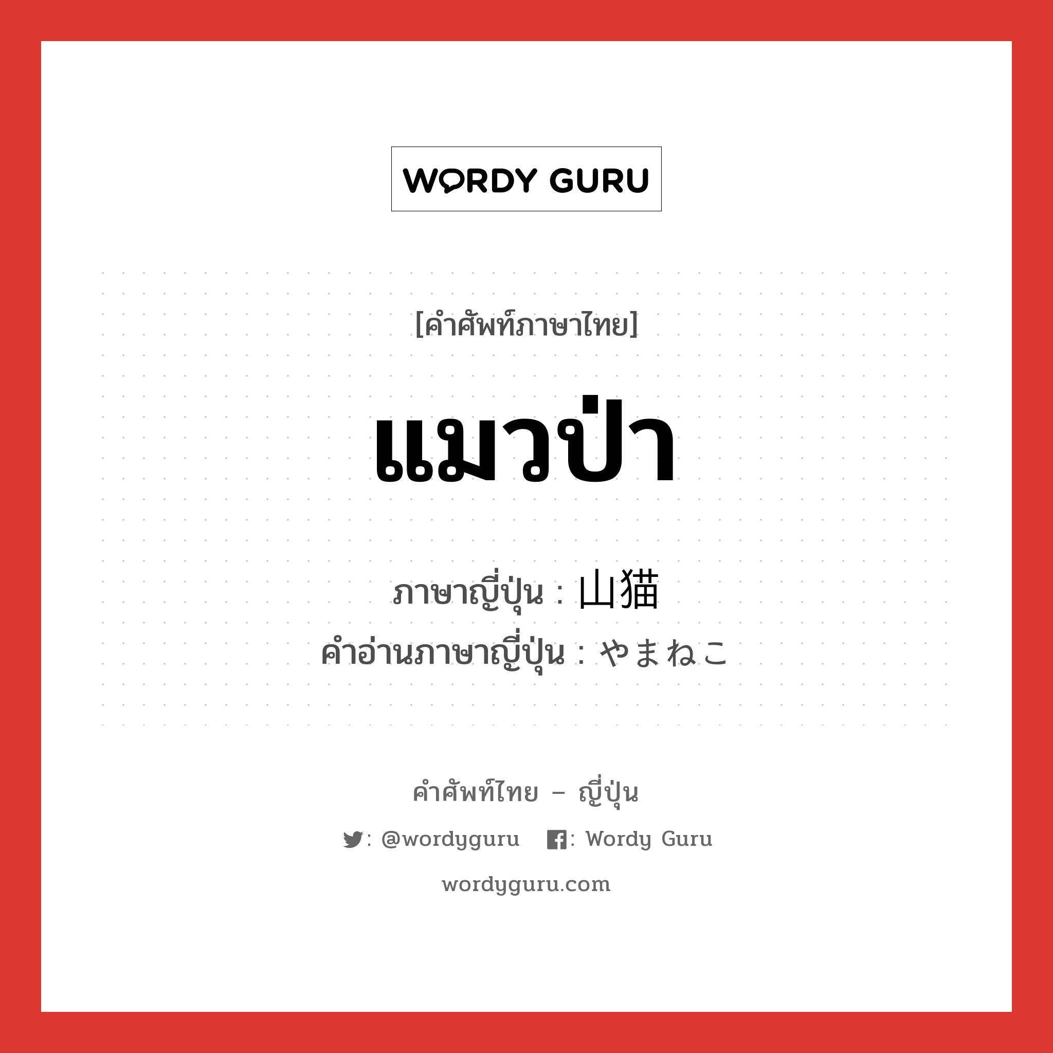 แมวป่า ภาษาญี่ปุ่นคืออะไร, คำศัพท์ภาษาไทย - ญี่ปุ่น แมวป่า ภาษาญี่ปุ่น 山猫 คำอ่านภาษาญี่ปุ่น やまねこ หมวด n หมวด n