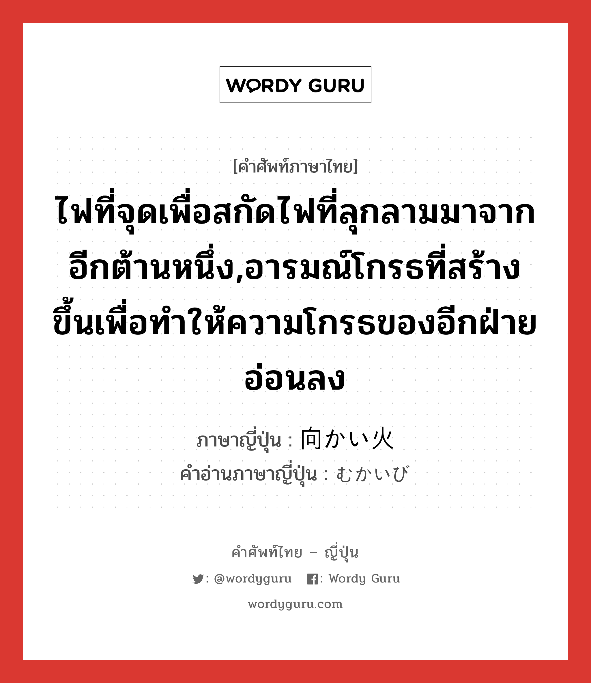 ไฟที่จุดเพื่อสกัดไฟที่ลุกลามมาจากอีกต้านหนึ่ง,อารมณ์โกรธที่สร้างขึ้นเพื่อทำให้ความโกรธของอีกฝ่ายอ่อนลง ภาษาญี่ปุ่นคืออะไร, คำศัพท์ภาษาไทย - ญี่ปุ่น ไฟที่จุดเพื่อสกัดไฟที่ลุกลามมาจากอีกต้านหนึ่ง,อารมณ์โกรธที่สร้างขึ้นเพื่อทำให้ความโกรธของอีกฝ่ายอ่อนลง ภาษาญี่ปุ่น 向かい火 คำอ่านภาษาญี่ปุ่น むかいび หมวด n หมวด n