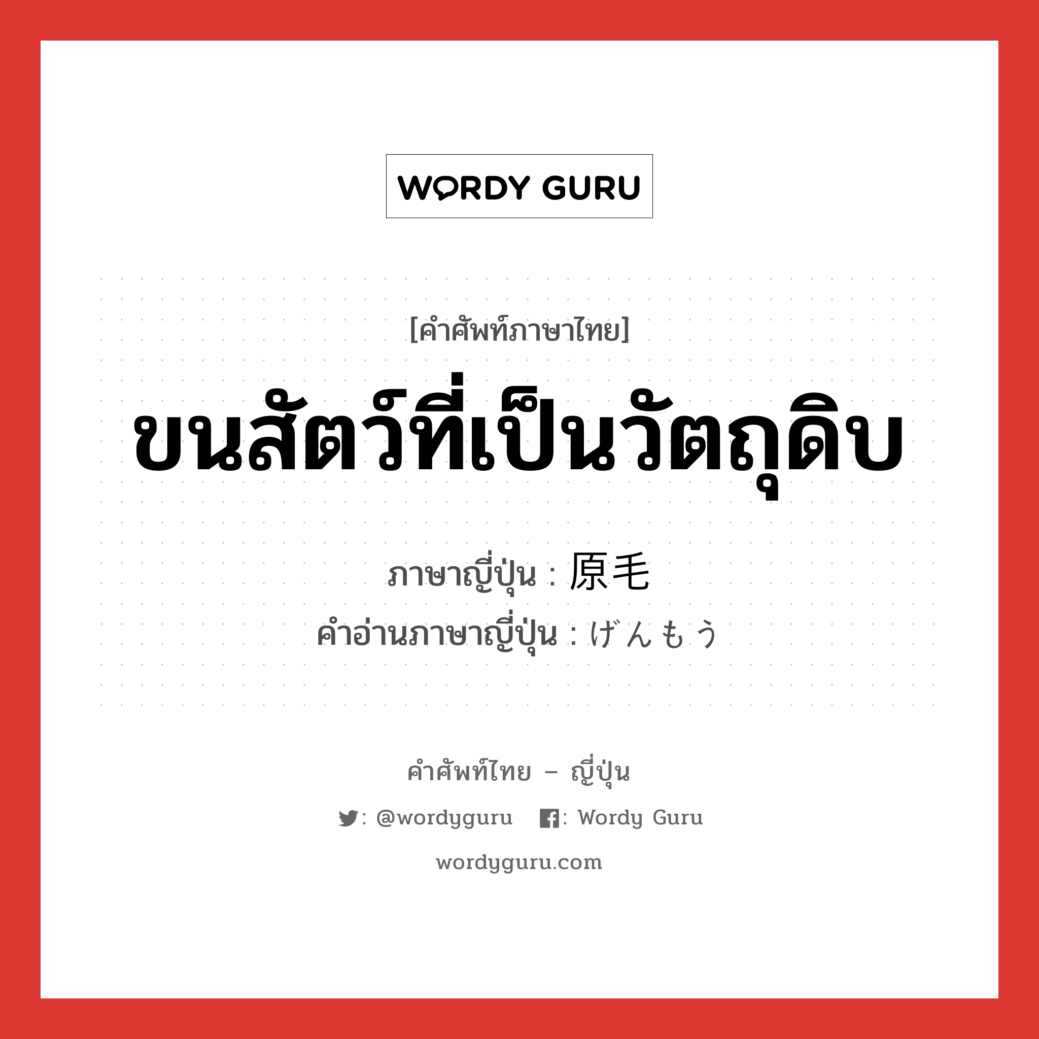 ขนสัตว์ที่เป็นวัตถุดิบ ภาษาญี่ปุ่นคืออะไร, คำศัพท์ภาษาไทย - ญี่ปุ่น ขนสัตว์ที่เป็นวัตถุดิบ ภาษาญี่ปุ่น 原毛 คำอ่านภาษาญี่ปุ่น げんもう หมวด n หมวด n