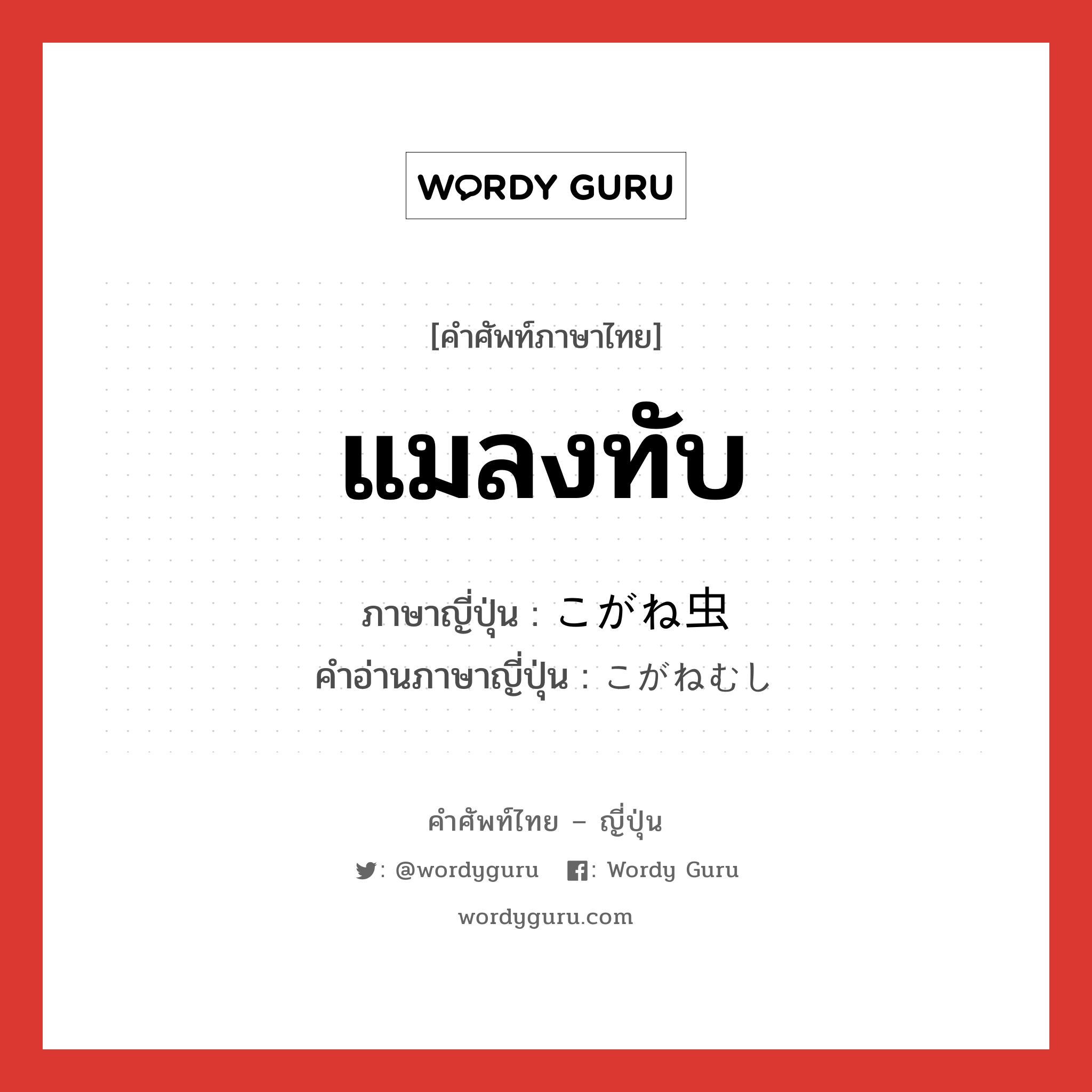 แมลงทับ ภาษาญี่ปุ่นคืออะไร, คำศัพท์ภาษาไทย - ญี่ปุ่น แมลงทับ ภาษาญี่ปุ่น こがね虫 คำอ่านภาษาญี่ปุ่น こがねむし หมวด n หมวด n