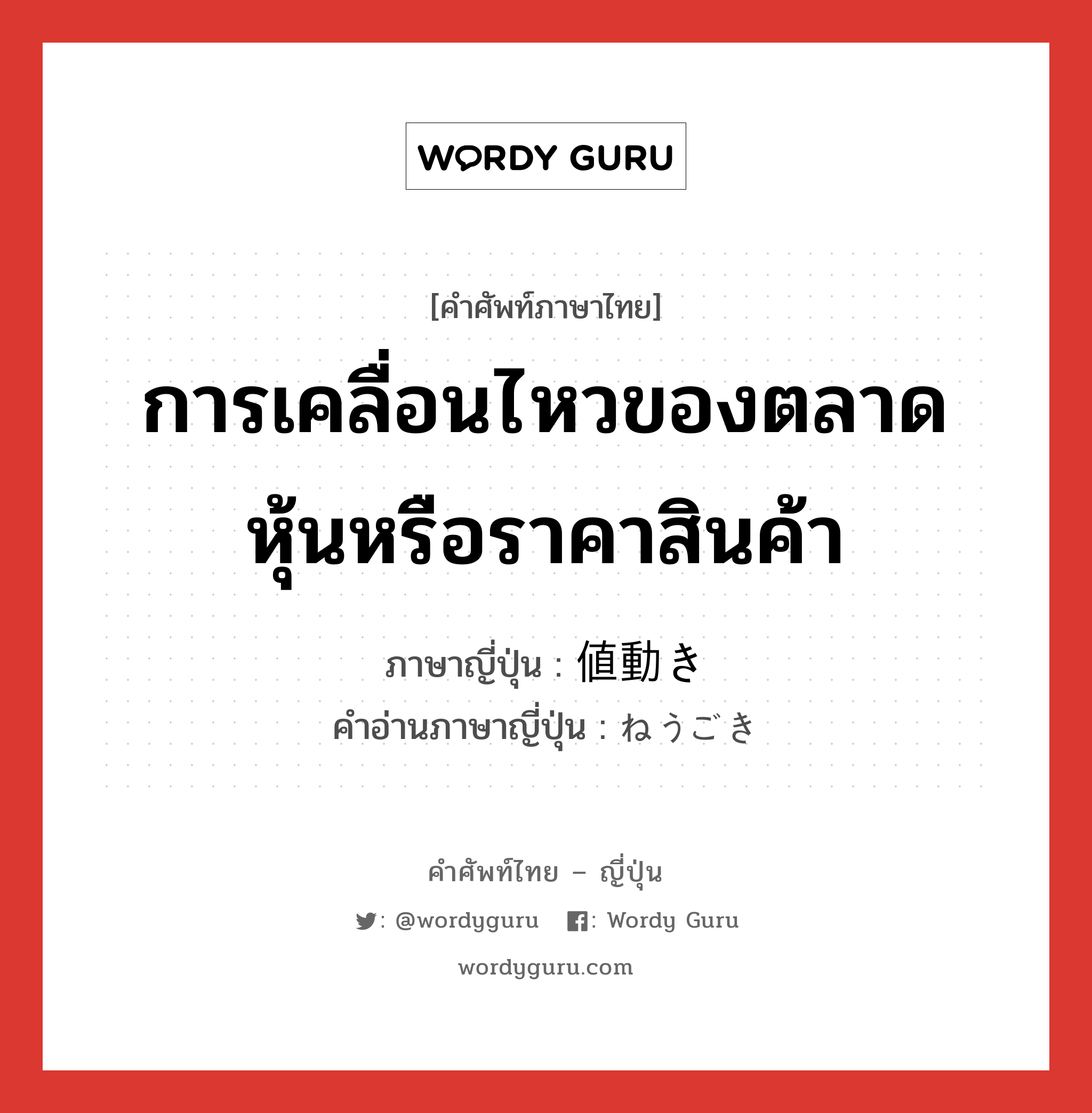 การเคลื่อนไหวของตลาดหุ้นหรือราคาสินค้า ภาษาญี่ปุ่นคืออะไร, คำศัพท์ภาษาไทย - ญี่ปุ่น การเคลื่อนไหวของตลาดหุ้นหรือราคาสินค้า ภาษาญี่ปุ่น 値動き คำอ่านภาษาญี่ปุ่น ねうごき หมวด n หมวด n