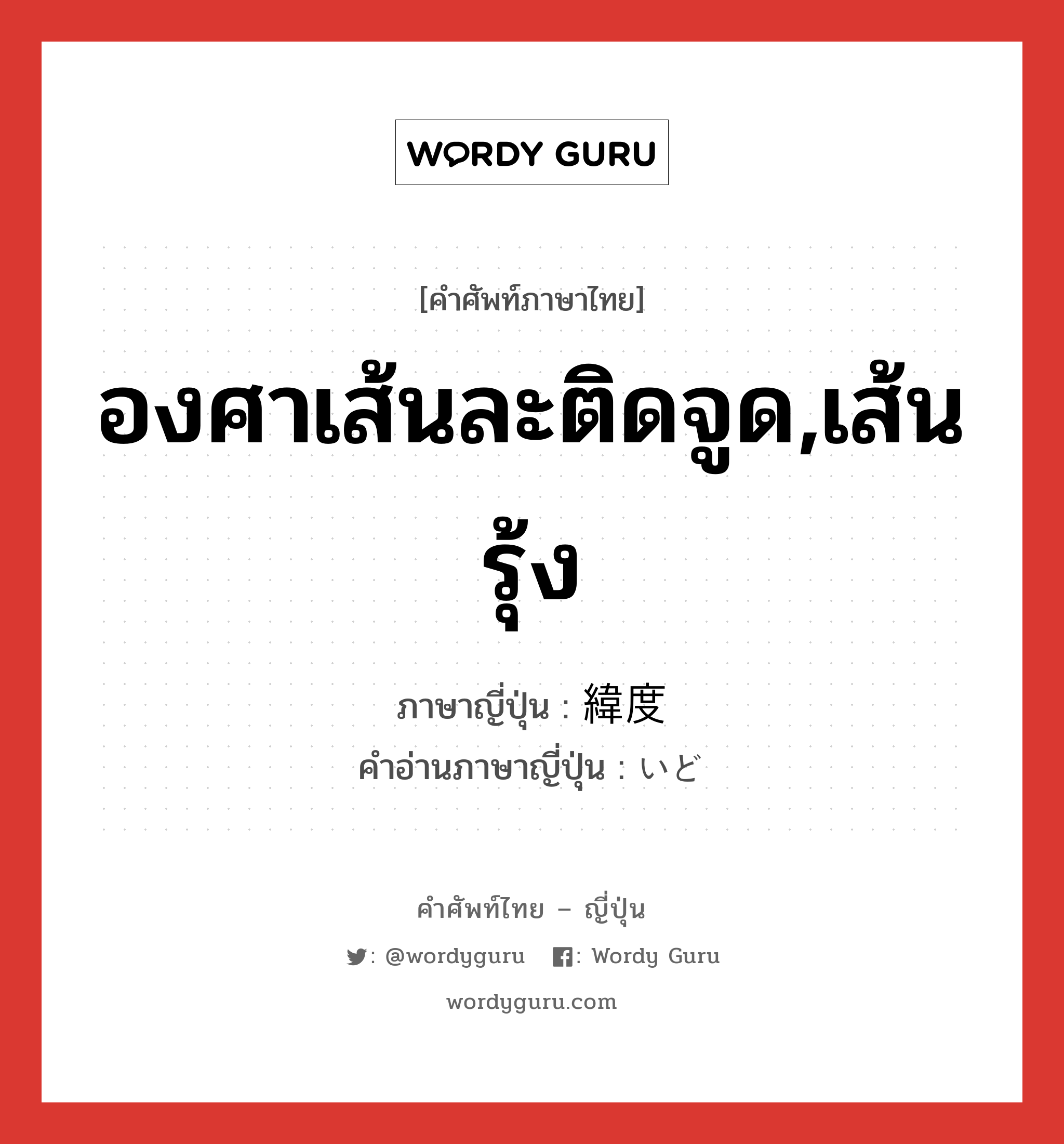 องศาเส้นละติดจูด,เส้นรุ้ง ภาษาญี่ปุ่นคืออะไร, คำศัพท์ภาษาไทย - ญี่ปุ่น องศาเส้นละติดจูด,เส้นรุ้ง ภาษาญี่ปุ่น 緯度 คำอ่านภาษาญี่ปุ่น いど หมวด n หมวด n