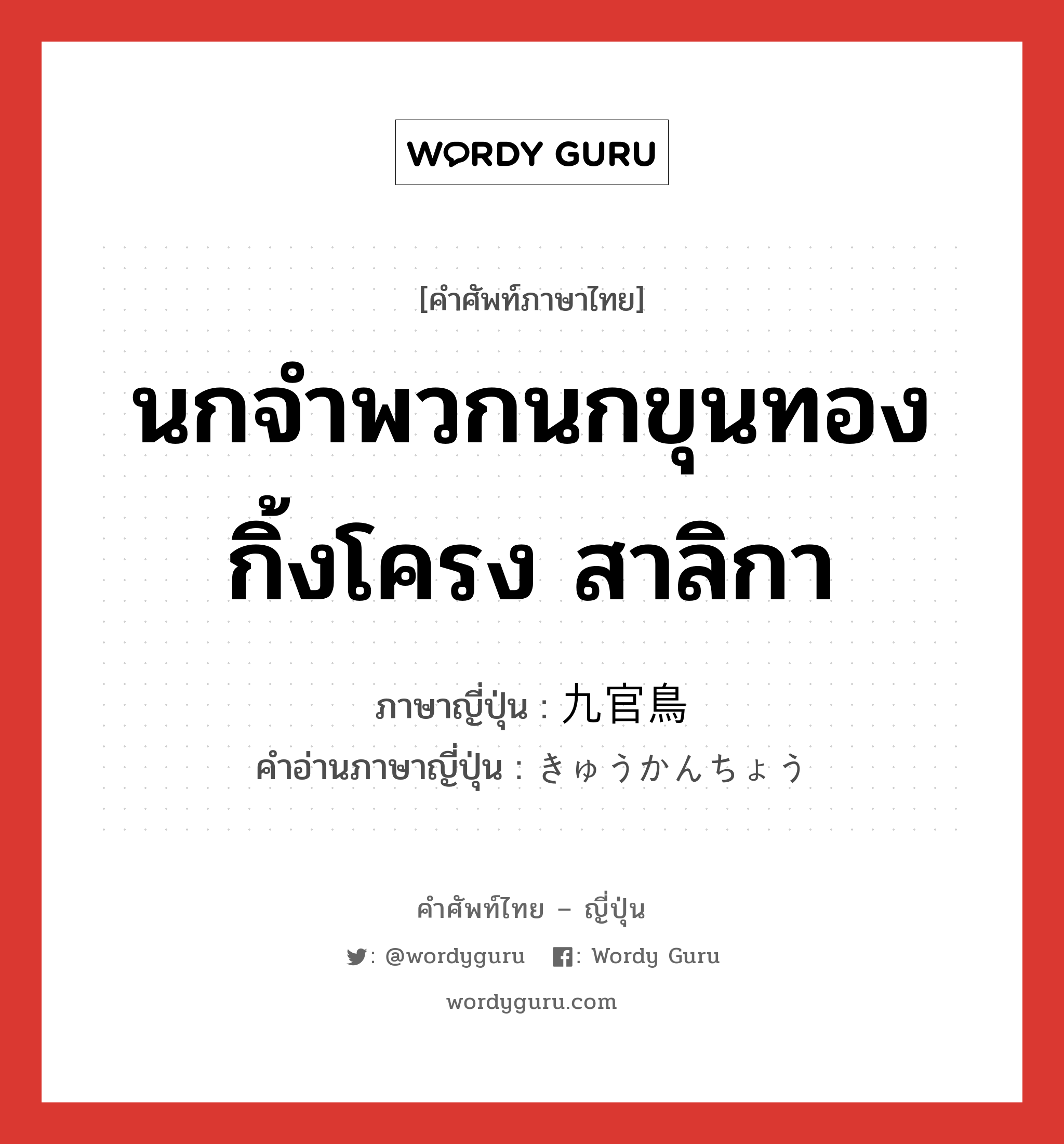 นกจำพวกนกขุนทอง กิ้งโครง สาลิกา ภาษาญี่ปุ่นคืออะไร, คำศัพท์ภาษาไทย - ญี่ปุ่น นกจำพวกนกขุนทอง กิ้งโครง สาลิกา ภาษาญี่ปุ่น 九官鳥 คำอ่านภาษาญี่ปุ่น きゅうかんちょう หมวด n หมวด n