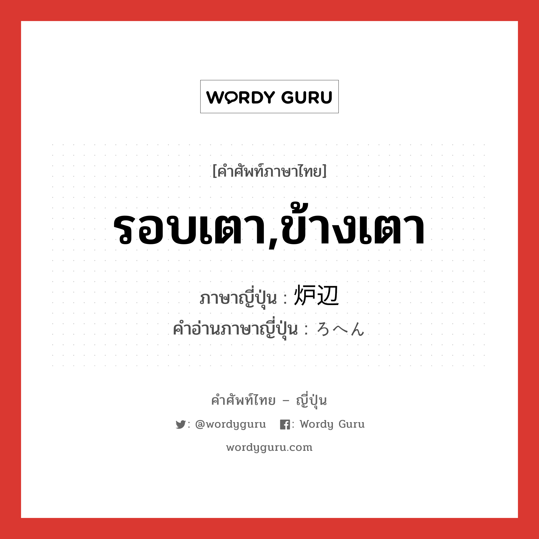 รอบเตา,ข้างเตา ภาษาญี่ปุ่นคืออะไร, คำศัพท์ภาษาไทย - ญี่ปุ่น รอบเตา,ข้างเตา ภาษาญี่ปุ่น 炉辺 คำอ่านภาษาญี่ปุ่น ろへん หมวด n หมวด n