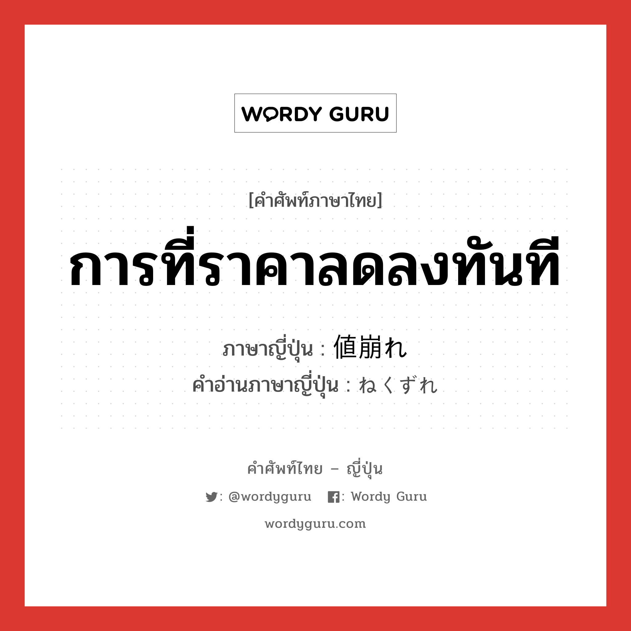 การที่ราคาลดลงทันที ภาษาญี่ปุ่นคืออะไร, คำศัพท์ภาษาไทย - ญี่ปุ่น การที่ราคาลดลงทันที ภาษาญี่ปุ่น 値崩れ คำอ่านภาษาญี่ปุ่น ねくずれ หมวด n หมวด n