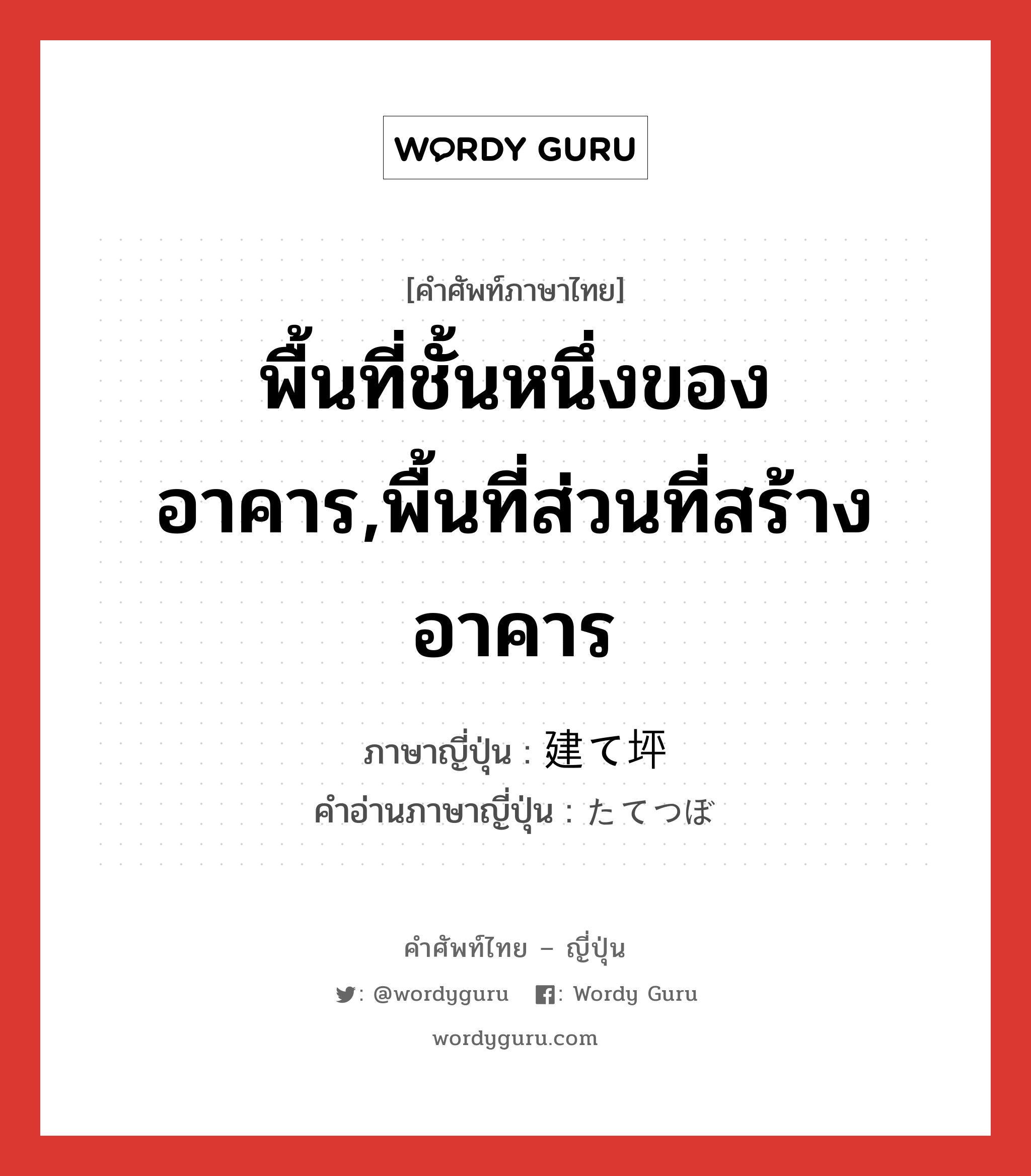 พื้นที่ชั้นหนึ่งของอาคาร,พื้นที่ส่วนที่สร้างอาคาร ภาษาญี่ปุ่นคืออะไร, คำศัพท์ภาษาไทย - ญี่ปุ่น พื้นที่ชั้นหนึ่งของอาคาร,พื้นที่ส่วนที่สร้างอาคาร ภาษาญี่ปุ่น 建て坪 คำอ่านภาษาญี่ปุ่น たてつぼ หมวด n หมวด n