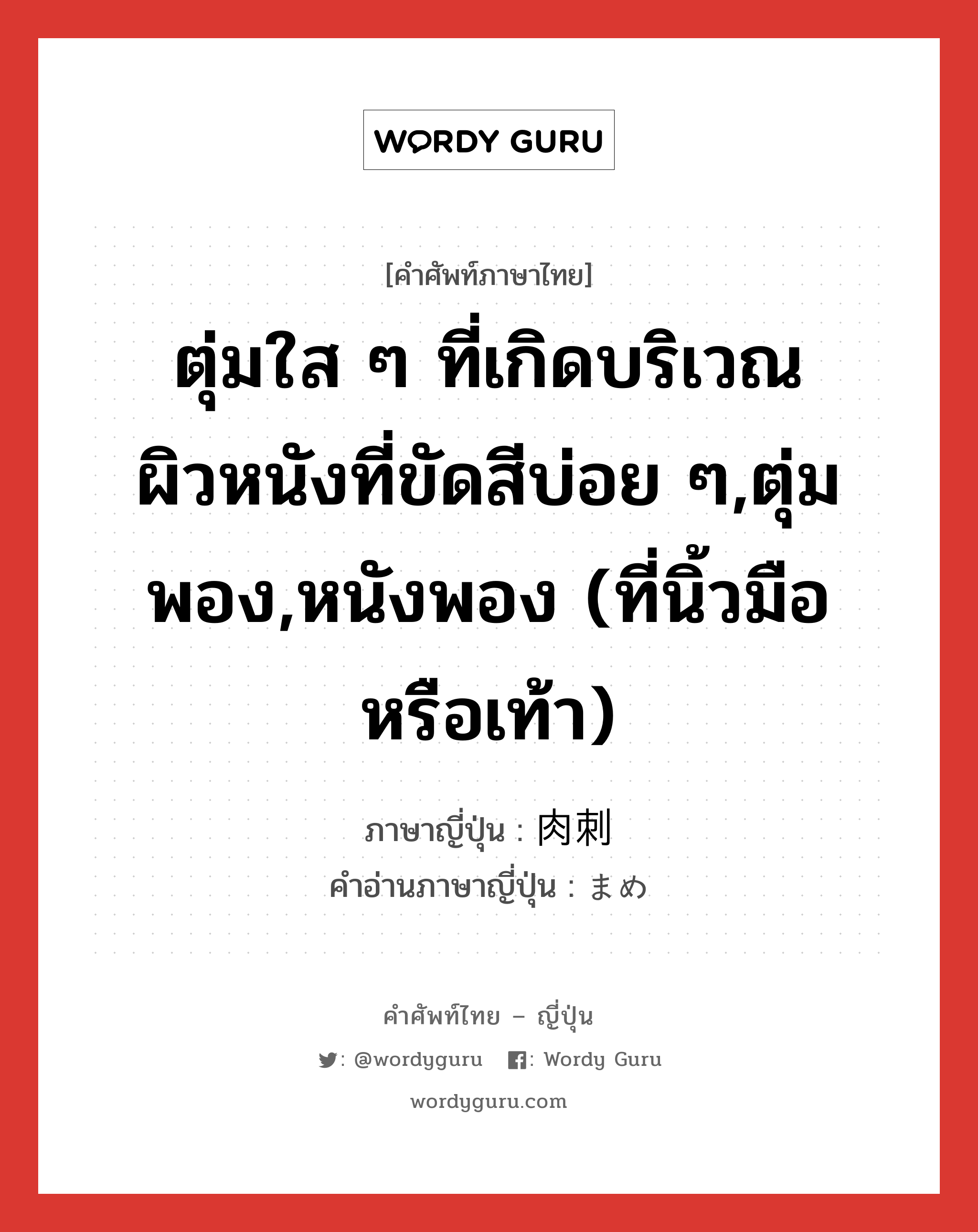 ตุ่มใส ๆ ที่เกิดบริเวณผิวหนังที่ขัดสีบ่อย ๆ,ตุ่มพอง,หนังพอง (ที่นิ้วมือหรือเท้า) ภาษาญี่ปุ่นคืออะไร, คำศัพท์ภาษาไทย - ญี่ปุ่น ตุ่มใส ๆ ที่เกิดบริเวณผิวหนังที่ขัดสีบ่อย ๆ,ตุ่มพอง,หนังพอง (ที่นิ้วมือหรือเท้า) ภาษาญี่ปุ่น 肉刺 คำอ่านภาษาญี่ปุ่น まめ หมวด n หมวด n