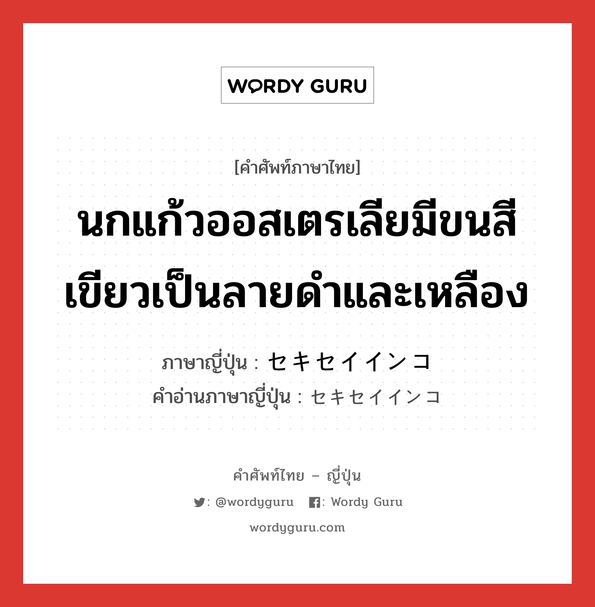 นกแก้วออสเตรเลียมีขนสีเขียวเป็นลายดำและเหลือง ภาษาญี่ปุ่นคืออะไร, คำศัพท์ภาษาไทย - ญี่ปุ่น นกแก้วออสเตรเลียมีขนสีเขียวเป็นลายดำและเหลือง ภาษาญี่ปุ่น セキセイインコ คำอ่านภาษาญี่ปุ่น セキセイインコ หมวด n หมวด n