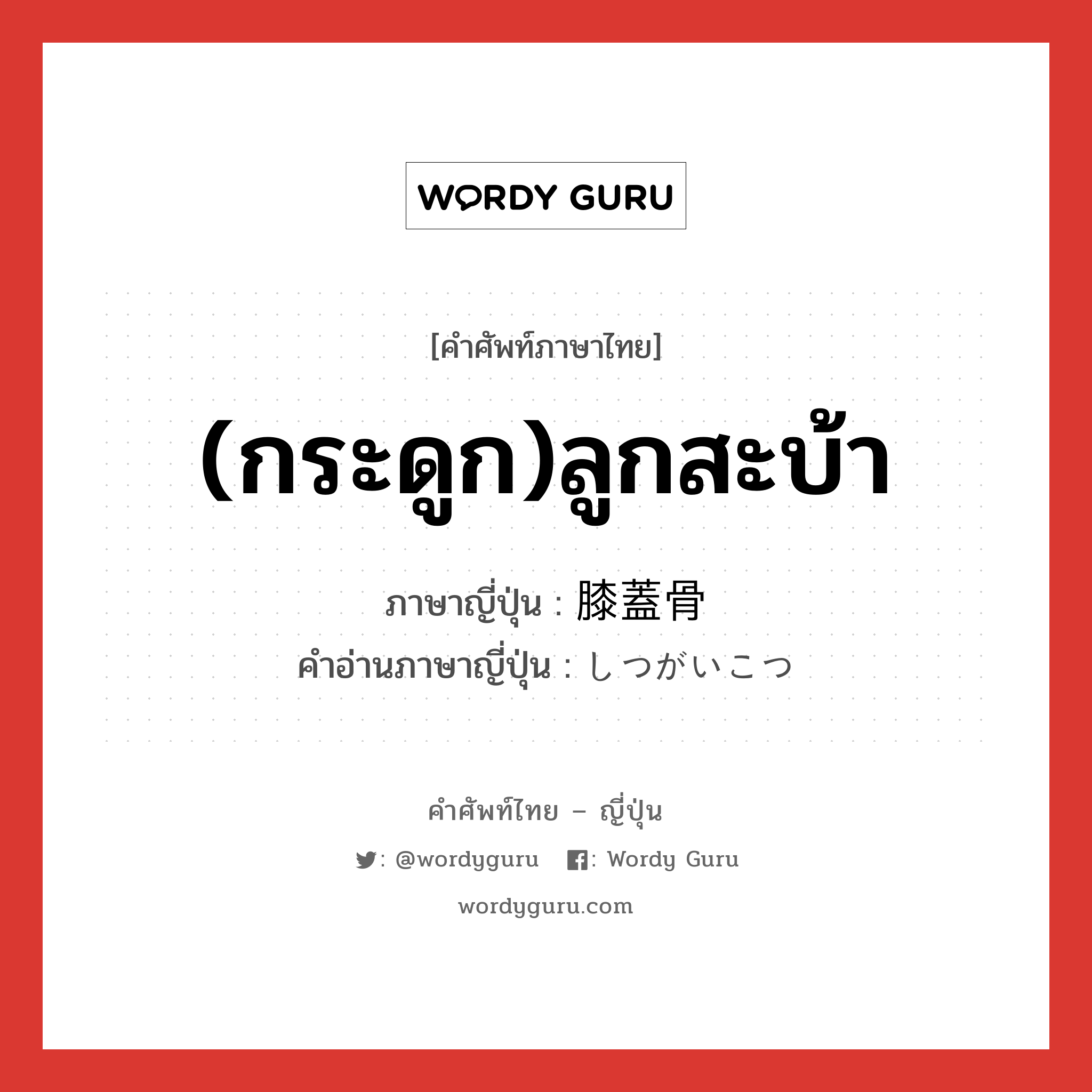 (กระดูก)ลูกสะบ้า ภาษาญี่ปุ่นคืออะไร, คำศัพท์ภาษาไทย - ญี่ปุ่น (กระดูก)ลูกสะบ้า ภาษาญี่ปุ่น 膝蓋骨 คำอ่านภาษาญี่ปุ่น しつがいこつ หมวด n หมวด n