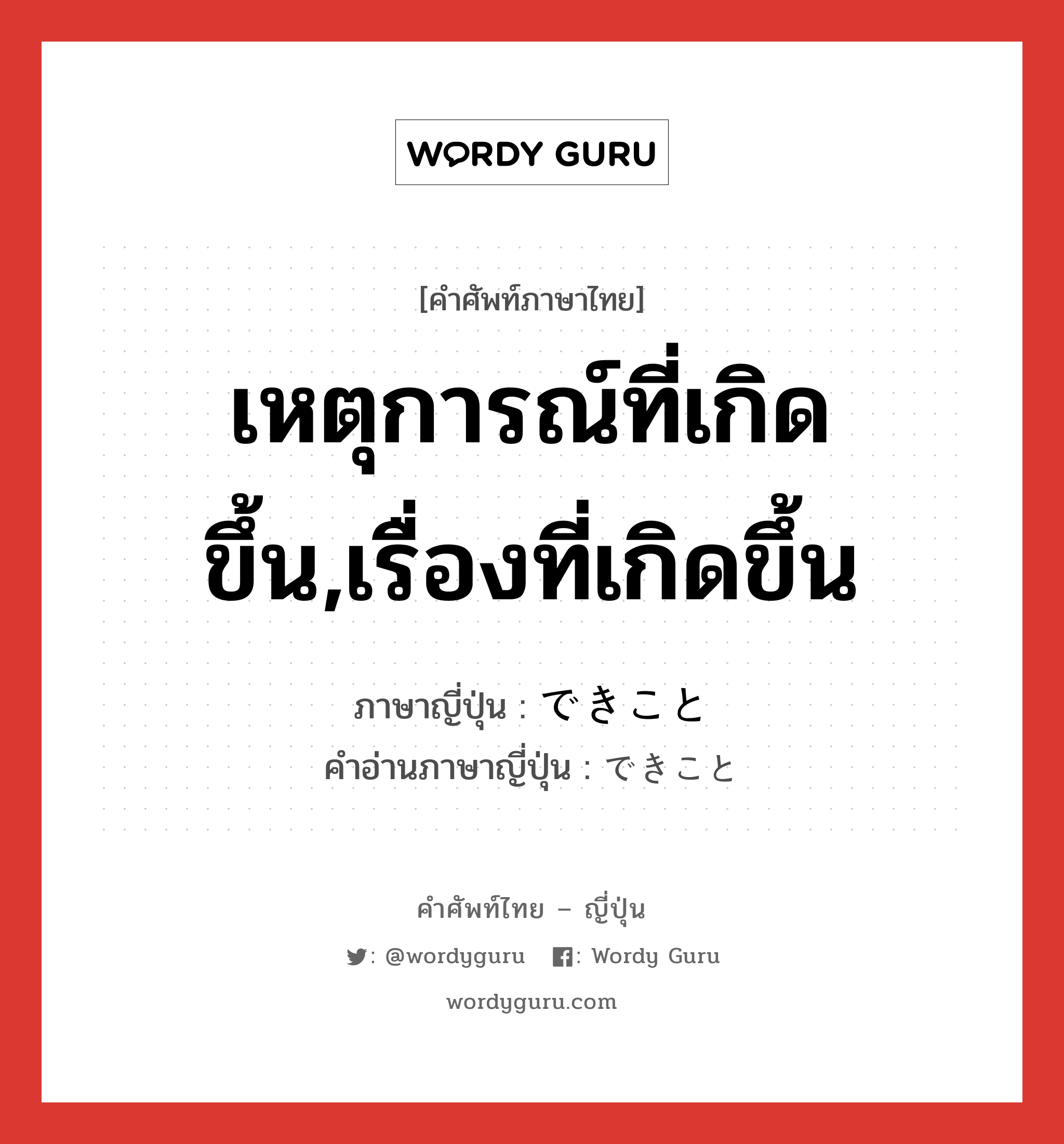 เหตุการณ์ที่เกิดขึ้น,เรื่องที่เกิดขึ้น ภาษาญี่ปุ่นคืออะไร, คำศัพท์ภาษาไทย - ญี่ปุ่น เหตุการณ์ที่เกิดขึ้น,เรื่องที่เกิดขึ้น ภาษาญี่ปุ่น できこと คำอ่านภาษาญี่ปุ่น できこと หมวด n หมวด n