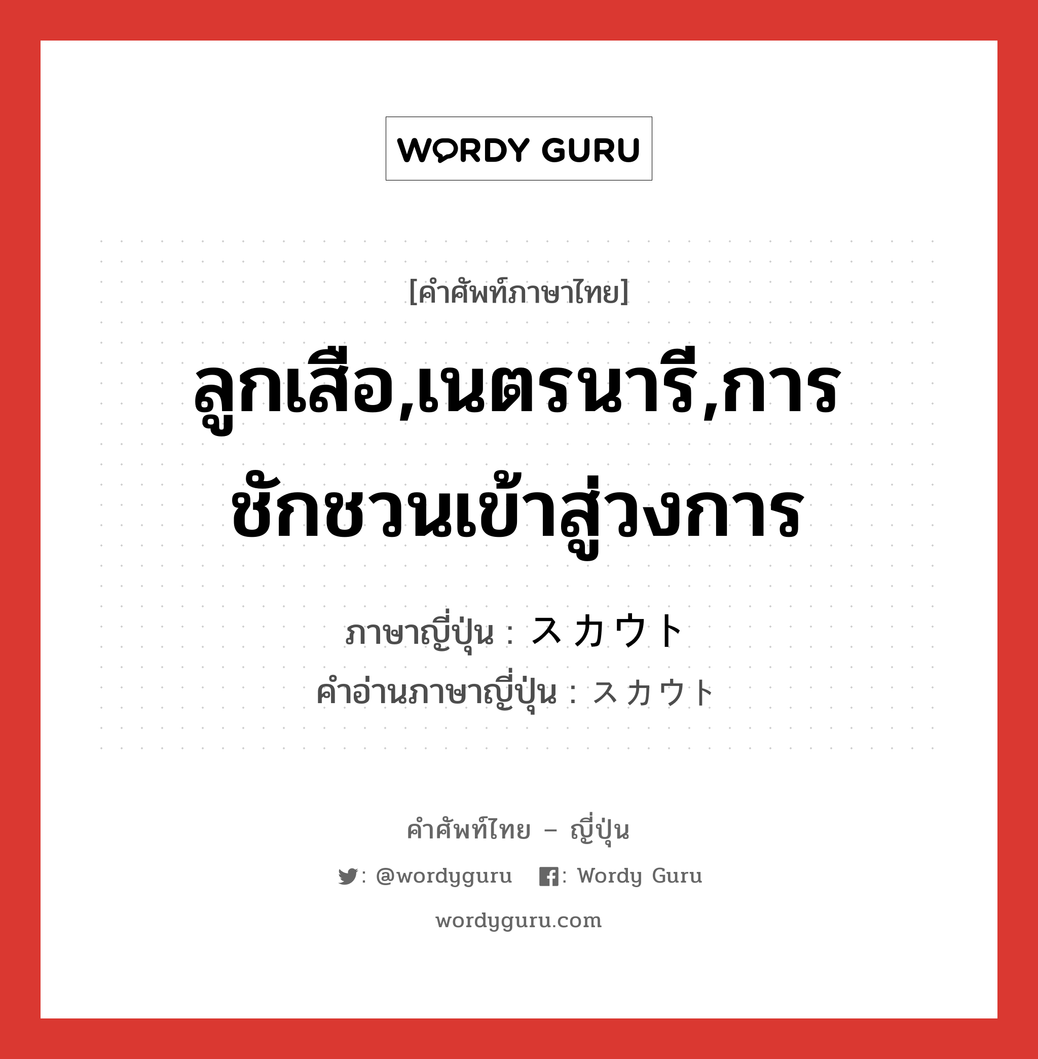 ลูกเสือ,เนตรนารี,การชักชวนเข้าสู่วงการ ภาษาญี่ปุ่นคืออะไร, คำศัพท์ภาษาไทย - ญี่ปุ่น ลูกเสือ,เนตรนารี,การชักชวนเข้าสู่วงการ ภาษาญี่ปุ่น スカウト คำอ่านภาษาญี่ปุ่น スカウト หมวด n หมวด n