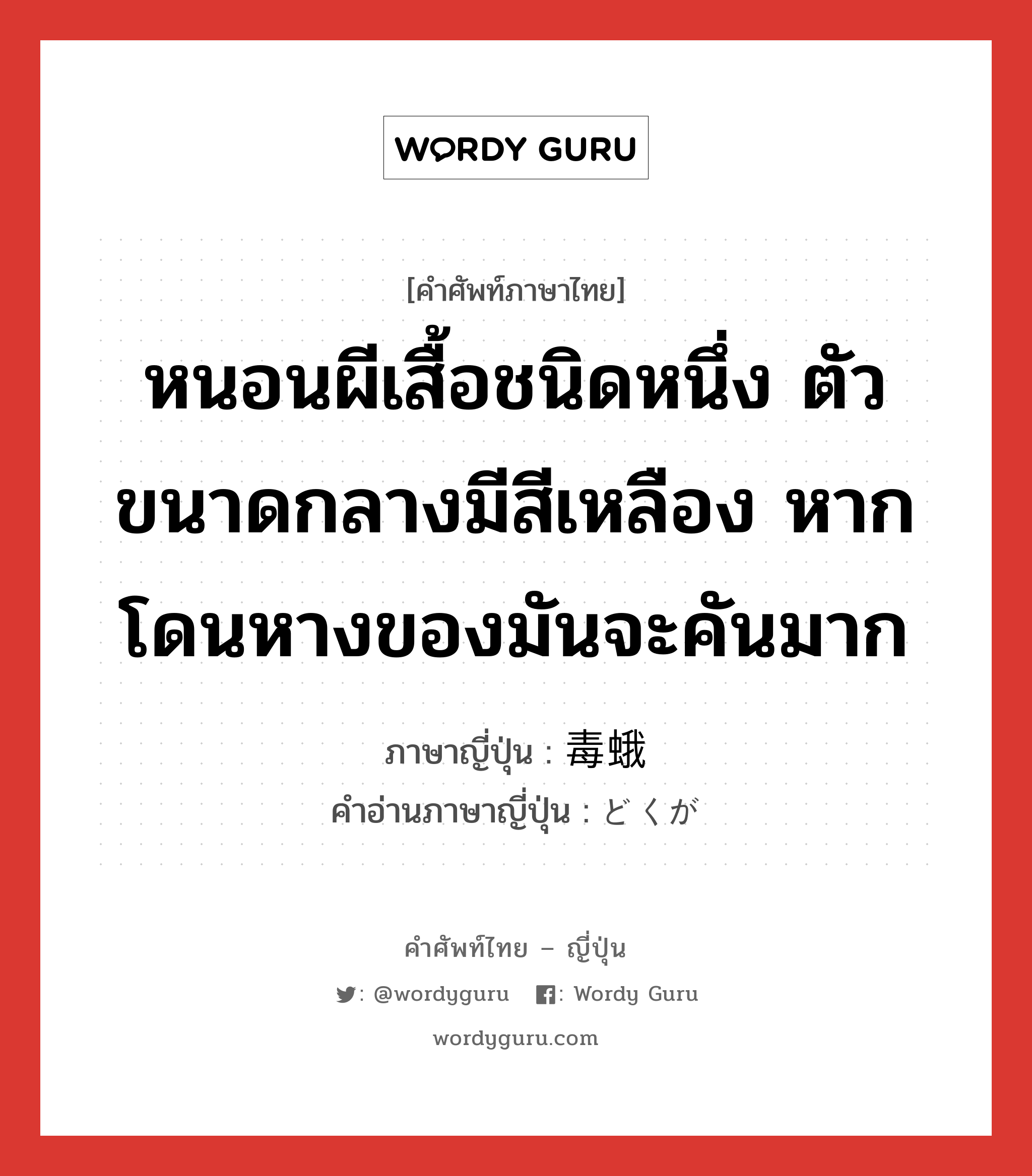 หนอนผีเสื้อชนิดหนึ่ง ตัวขนาดกลางมีสีเหลือง หากโดนหางของมันจะคันมาก ภาษาญี่ปุ่นคืออะไร, คำศัพท์ภาษาไทย - ญี่ปุ่น หนอนผีเสื้อชนิดหนึ่ง ตัวขนาดกลางมีสีเหลือง หากโดนหางของมันจะคันมาก ภาษาญี่ปุ่น 毒蛾 คำอ่านภาษาญี่ปุ่น どくが หมวด n หมวด n