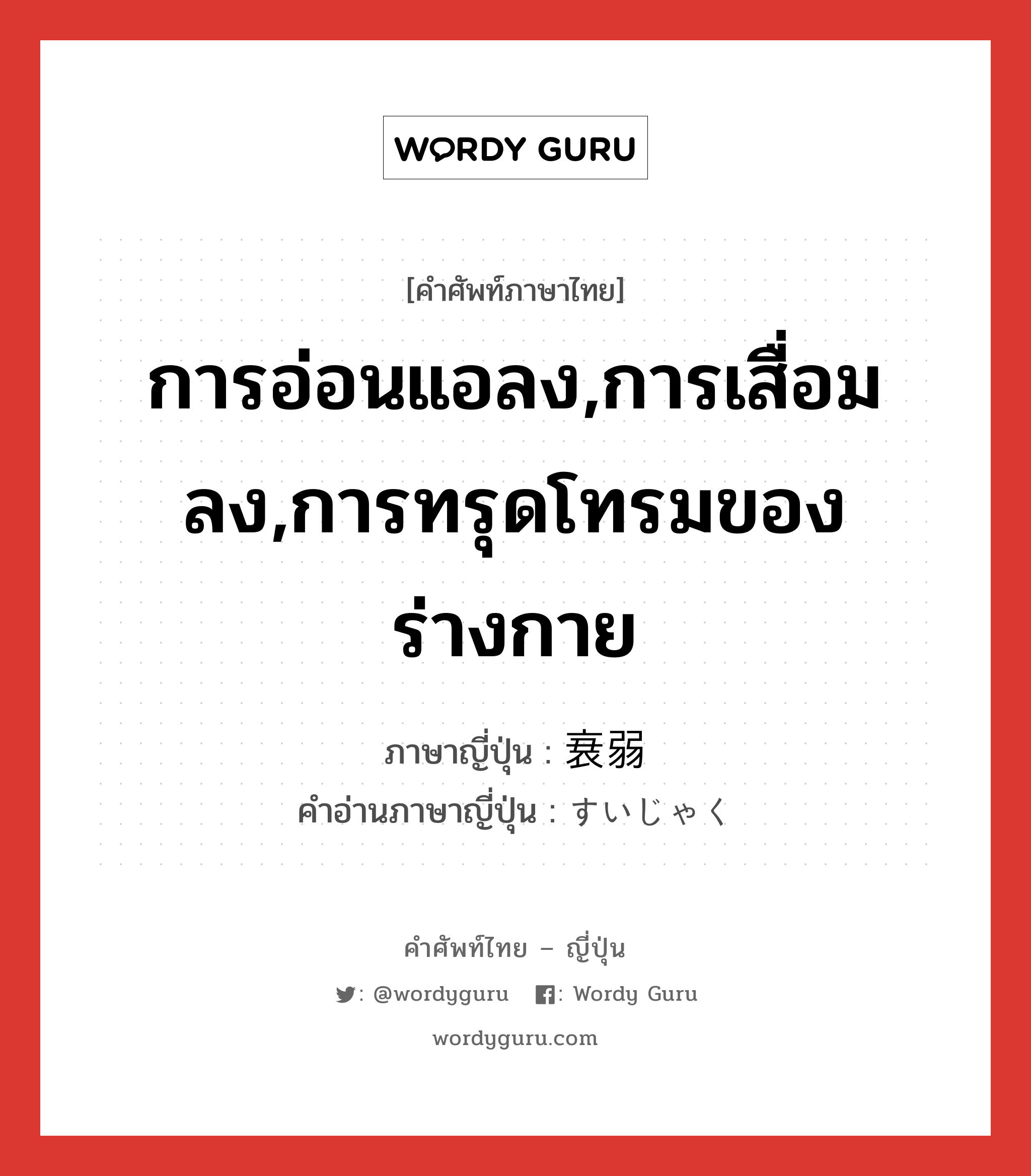 การอ่อนแอลง,การเสื่อมลง,การทรุดโทรมของร่างกาย ภาษาญี่ปุ่นคืออะไร, คำศัพท์ภาษาไทย - ญี่ปุ่น การอ่อนแอลง,การเสื่อมลง,การทรุดโทรมของร่างกาย ภาษาญี่ปุ่น 衰弱 คำอ่านภาษาญี่ปุ่น すいじゃく หมวด n หมวด n