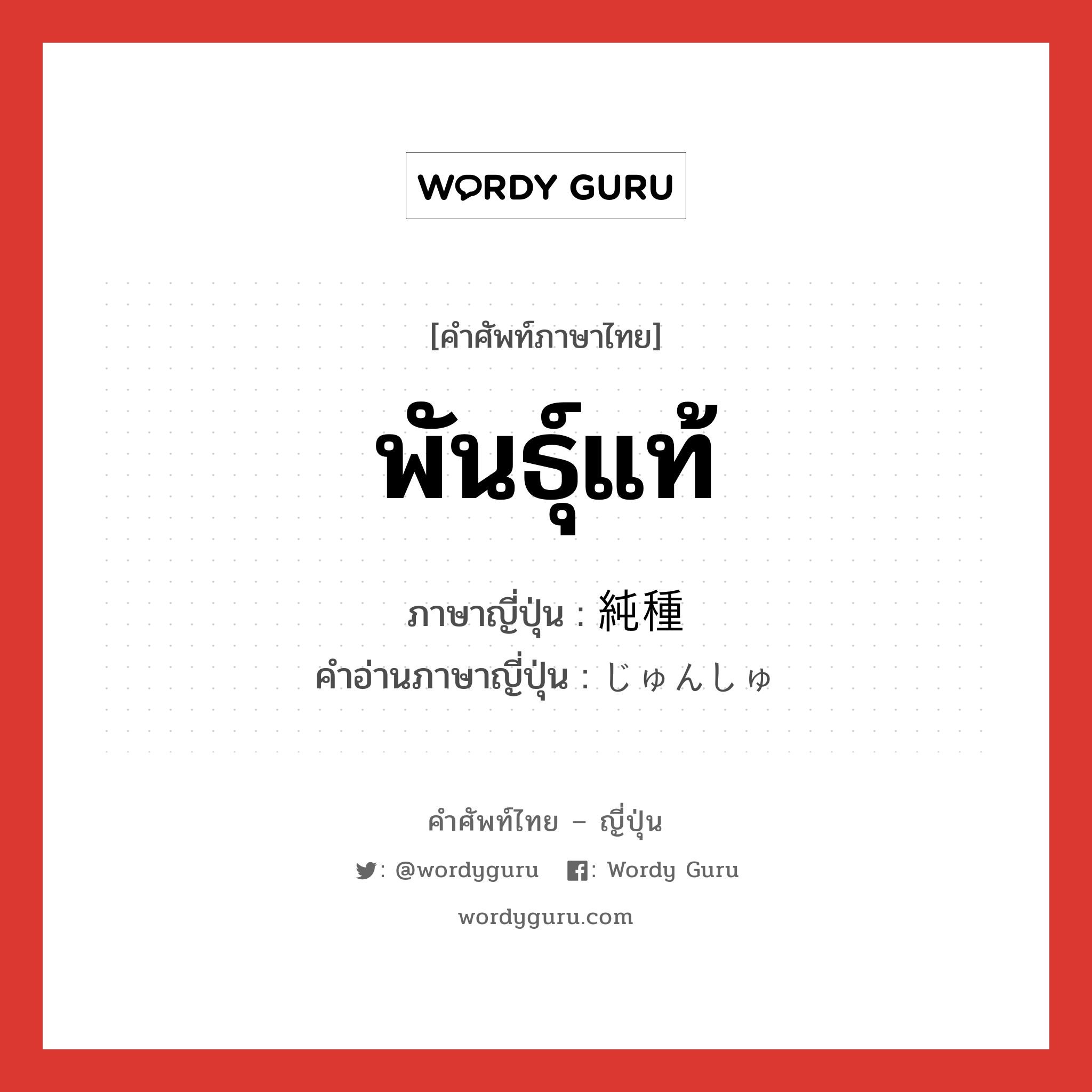 พันธุ์แท้ ภาษาญี่ปุ่นคืออะไร, คำศัพท์ภาษาไทย - ญี่ปุ่น พันธุ์แท้ ภาษาญี่ปุ่น 純種 คำอ่านภาษาญี่ปุ่น じゅんしゅ หมวด n หมวด n