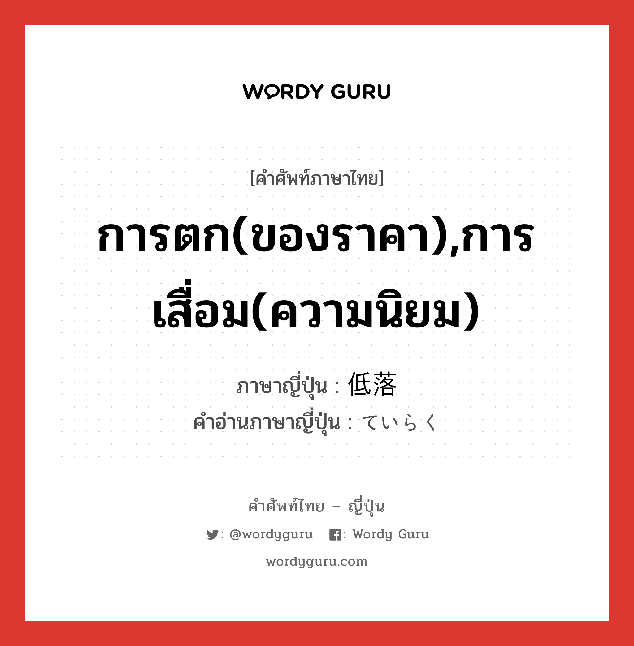 การตก(ของราคา),การเสื่อม(ความนิยม) ภาษาญี่ปุ่นคืออะไร, คำศัพท์ภาษาไทย - ญี่ปุ่น การตก(ของราคา),การเสื่อม(ความนิยม) ภาษาญี่ปุ่น 低落 คำอ่านภาษาญี่ปุ่น ていらく หมวด n หมวด n