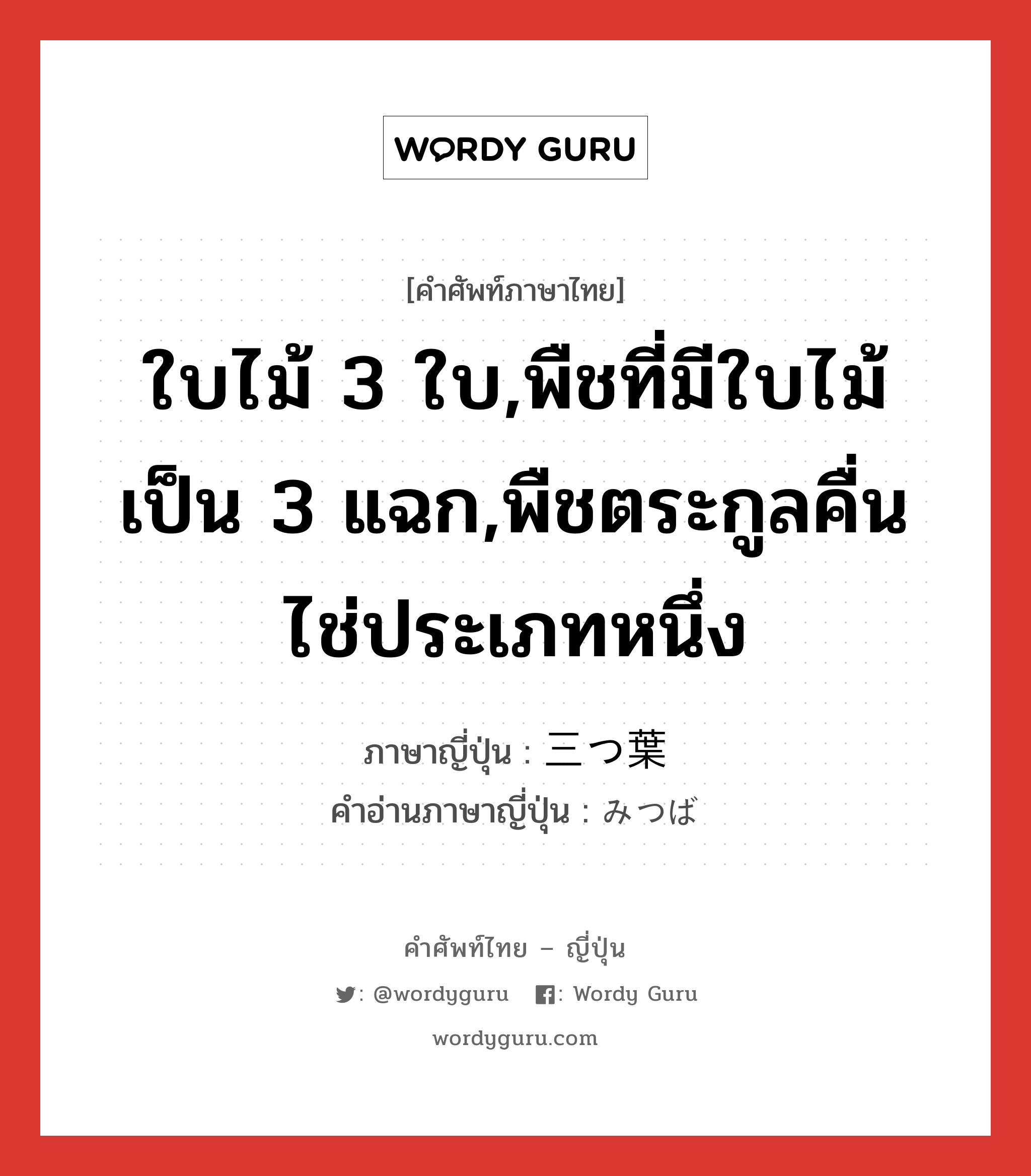 ใบไม้ 3 ใบ,พืชที่มีใบไม้เป็น 3 แฉก,พืชตระกูลคื่นไช่ประเภทหนึ่ง ภาษาญี่ปุ่นคืออะไร, คำศัพท์ภาษาไทย - ญี่ปุ่น ใบไม้ 3 ใบ,พืชที่มีใบไม้เป็น 3 แฉก,พืชตระกูลคื่นไช่ประเภทหนึ่ง ภาษาญี่ปุ่น 三つ葉 คำอ่านภาษาญี่ปุ่น みつば หมวด n หมวด n