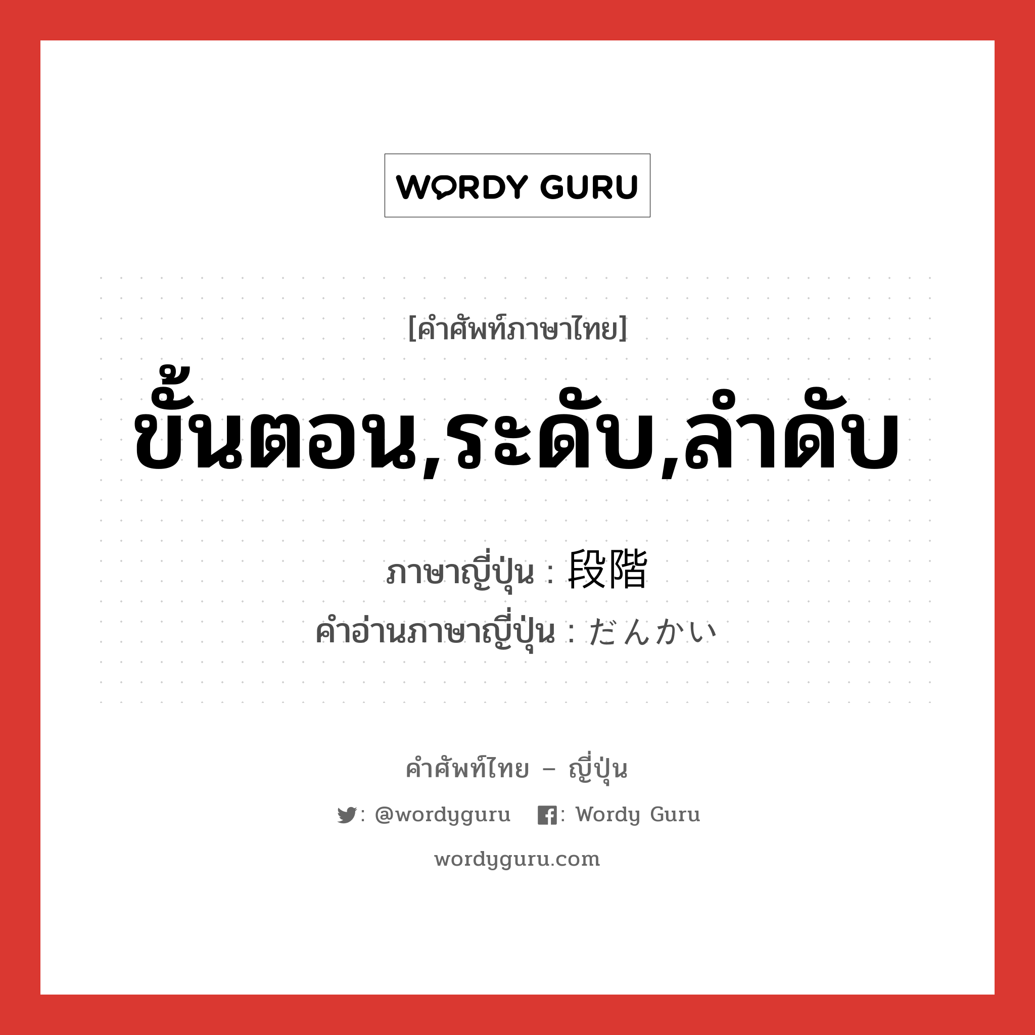 ขั้นตอน,ระดับ,ลำดับ ภาษาญี่ปุ่นคืออะไร, คำศัพท์ภาษาไทย - ญี่ปุ่น ขั้นตอน,ระดับ,ลำดับ ภาษาญี่ปุ่น 段階 คำอ่านภาษาญี่ปุ่น だんかい หมวด n หมวด n