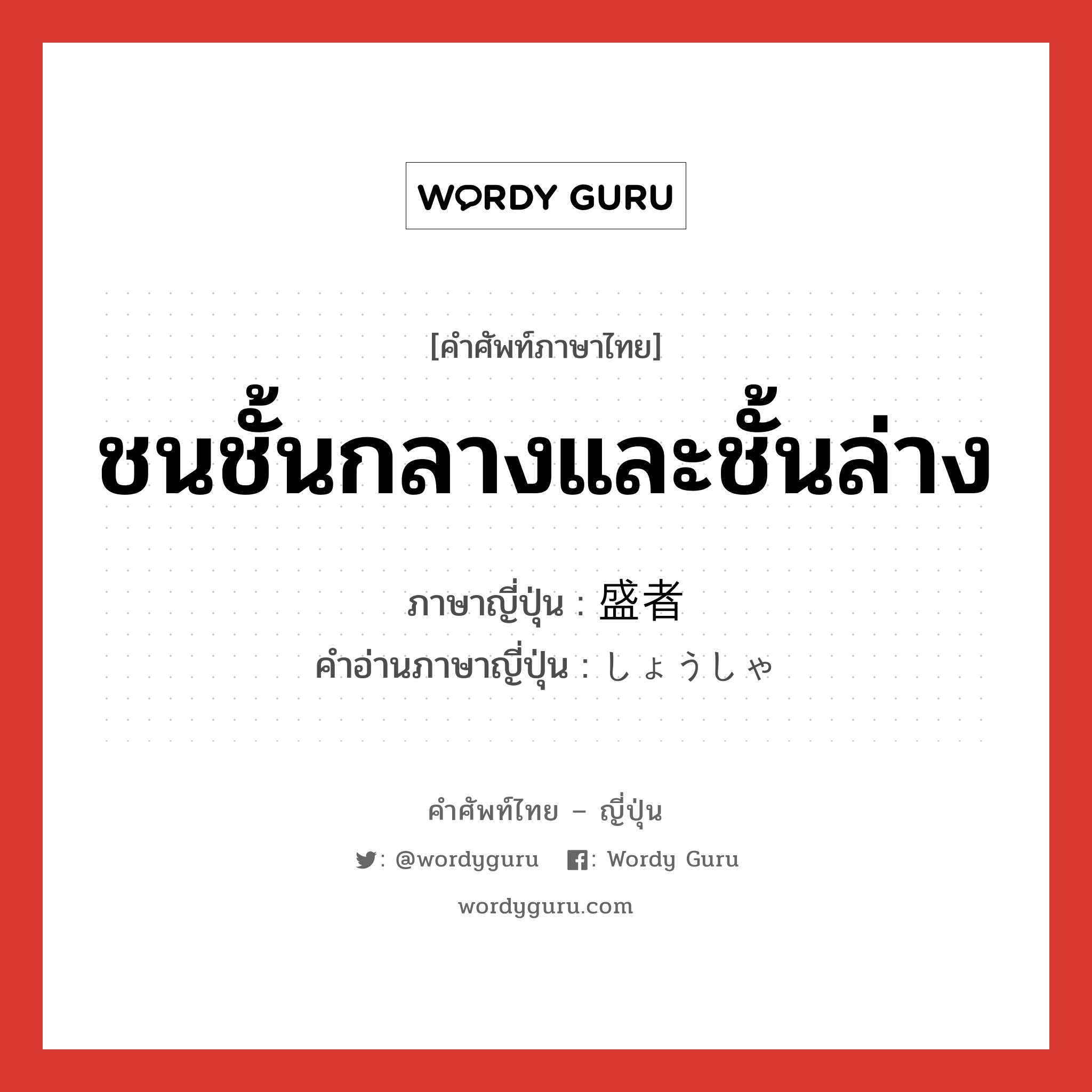 ชนชั้นกลางและชั้นล่าง ภาษาญี่ปุ่นคืออะไร, คำศัพท์ภาษาไทย - ญี่ปุ่น ชนชั้นกลางและชั้นล่าง ภาษาญี่ปุ่น 盛者 คำอ่านภาษาญี่ปุ่น しょうしゃ หมวด n หมวด n