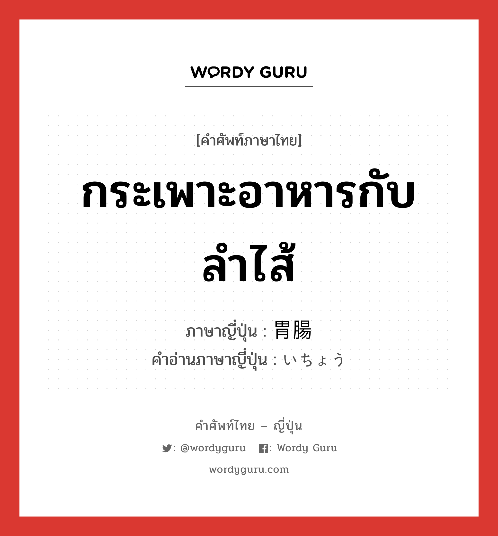 กระเพาะอาหารกับลำไส้ ภาษาญี่ปุ่นคืออะไร, คำศัพท์ภาษาไทย - ญี่ปุ่น กระเพาะอาหารกับลำไส้ ภาษาญี่ปุ่น 胃腸 คำอ่านภาษาญี่ปุ่น いちょう หมวด adj-na หมวด adj-na