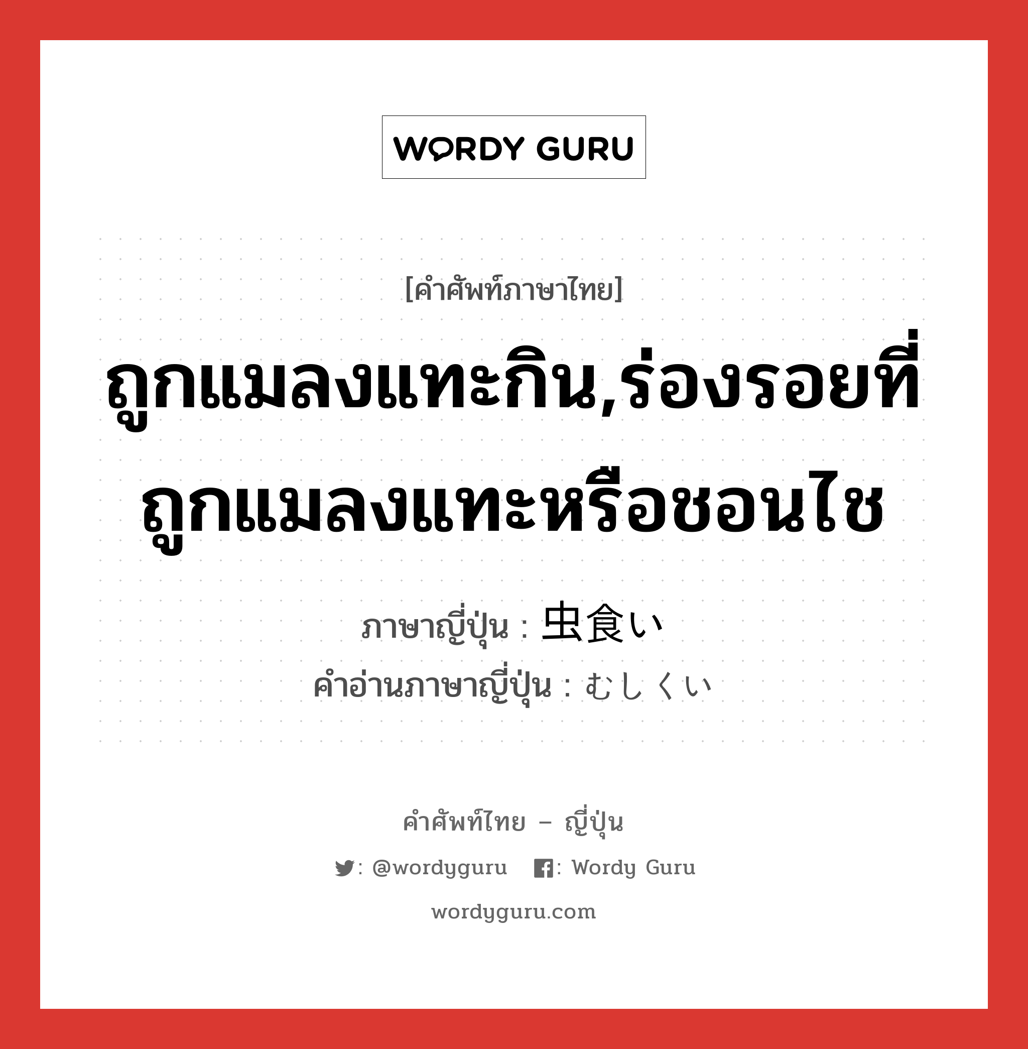 ถูกแมลงแทะกิน,ร่องรอยที่ถูกแมลงแทะหรือชอนไช ภาษาญี่ปุ่นคืออะไร, คำศัพท์ภาษาไทย - ญี่ปุ่น ถูกแมลงแทะกิน,ร่องรอยที่ถูกแมลงแทะหรือชอนไช ภาษาญี่ปุ่น 虫食い คำอ่านภาษาญี่ปุ่น むしくい หมวด n หมวด n