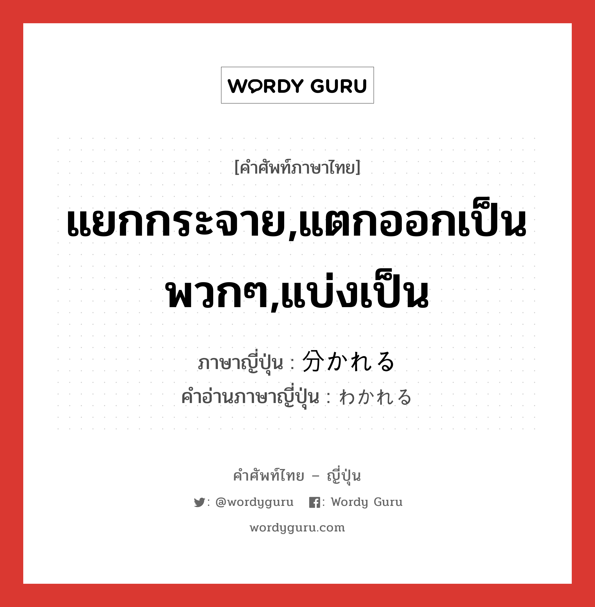 แยกกระจาย,แตกออกเป็นพวกๆ,แบ่งเป็น ภาษาญี่ปุ่นคืออะไร, คำศัพท์ภาษาไทย - ญี่ปุ่น แยกกระจาย,แตกออกเป็นพวกๆ,แบ่งเป็น ภาษาญี่ปุ่น 分かれる คำอ่านภาษาญี่ปุ่น わかれる หมวด v1 หมวด v1