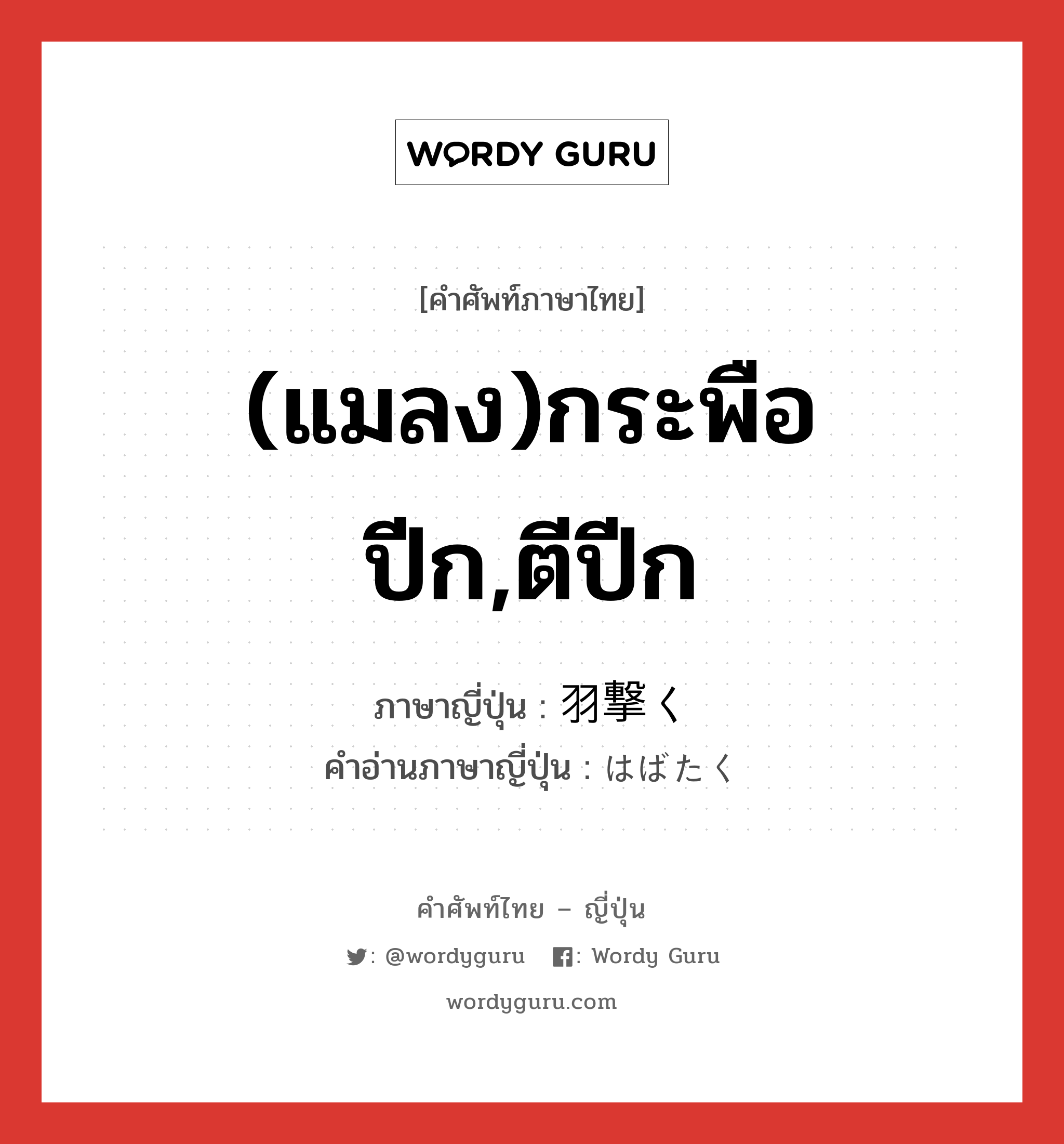 (แมลง)กระพือปีก,ตีปีก ภาษาญี่ปุ่นคืออะไร, คำศัพท์ภาษาไทย - ญี่ปุ่น (แมลง)กระพือปีก,ตีปีก ภาษาญี่ปุ่น 羽撃く คำอ่านภาษาญี่ปุ่น はばたく หมวด v5k หมวด v5k